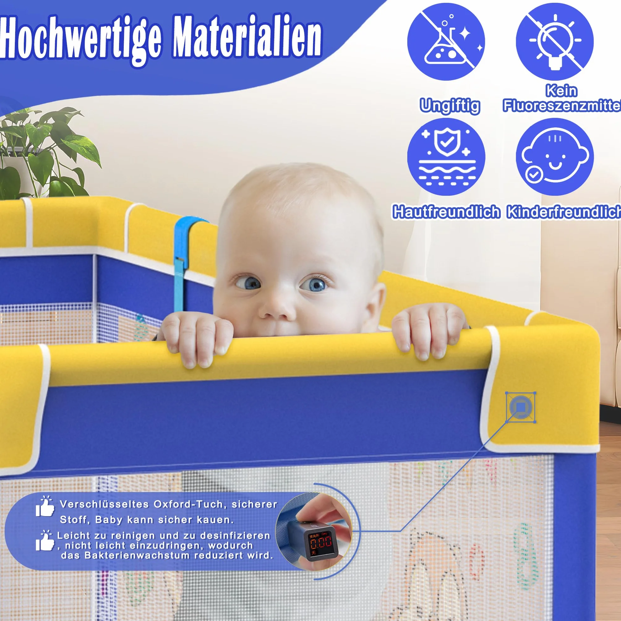 Aufun Box per Bambini, Tela 300D Oxford, con Schiuma Anti-Collisione, Griglia di Blocco, Rete Traspirante, Cerniera (Blu, 180x200x68 cm)