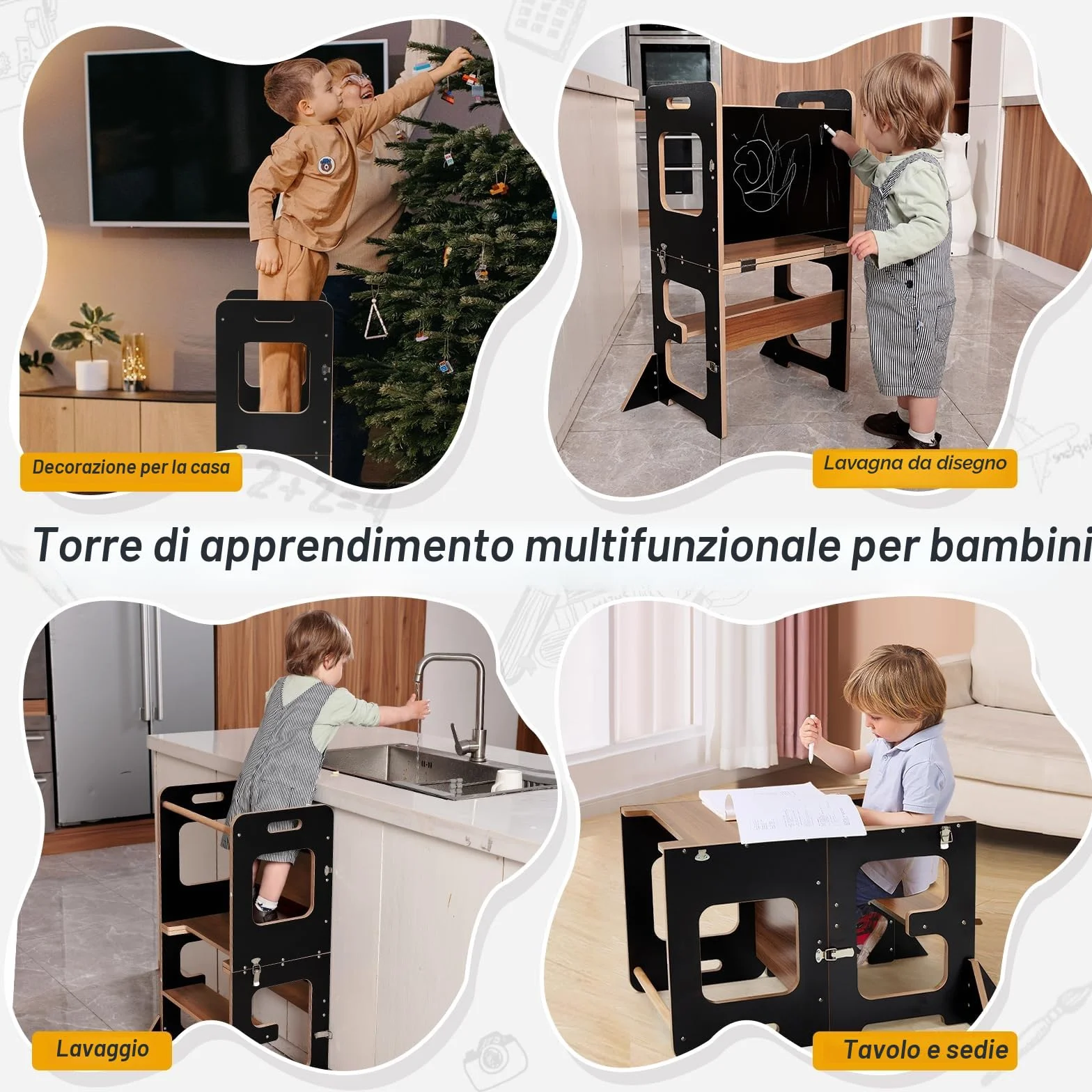 Labebe Torre di Apprendimento per Bambini Montessori 3 in 1 Pieghevole con Lavagna e Protezione Antiribaltamento Nero
