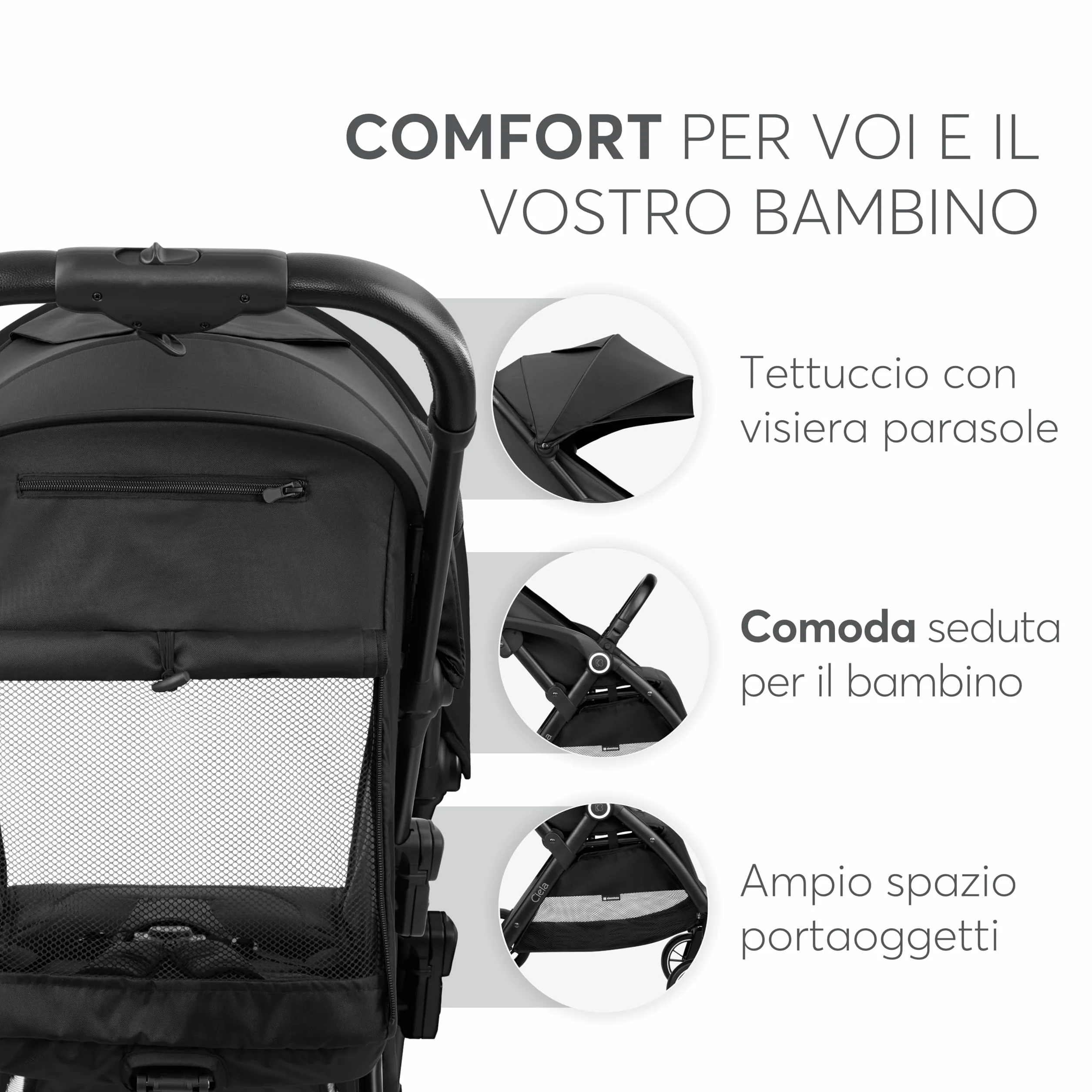 KikkaBoo Passeggino Leggero CIELA fino a 22 kg, Piegatura Automatica, Schienale Reclinabile, Nero