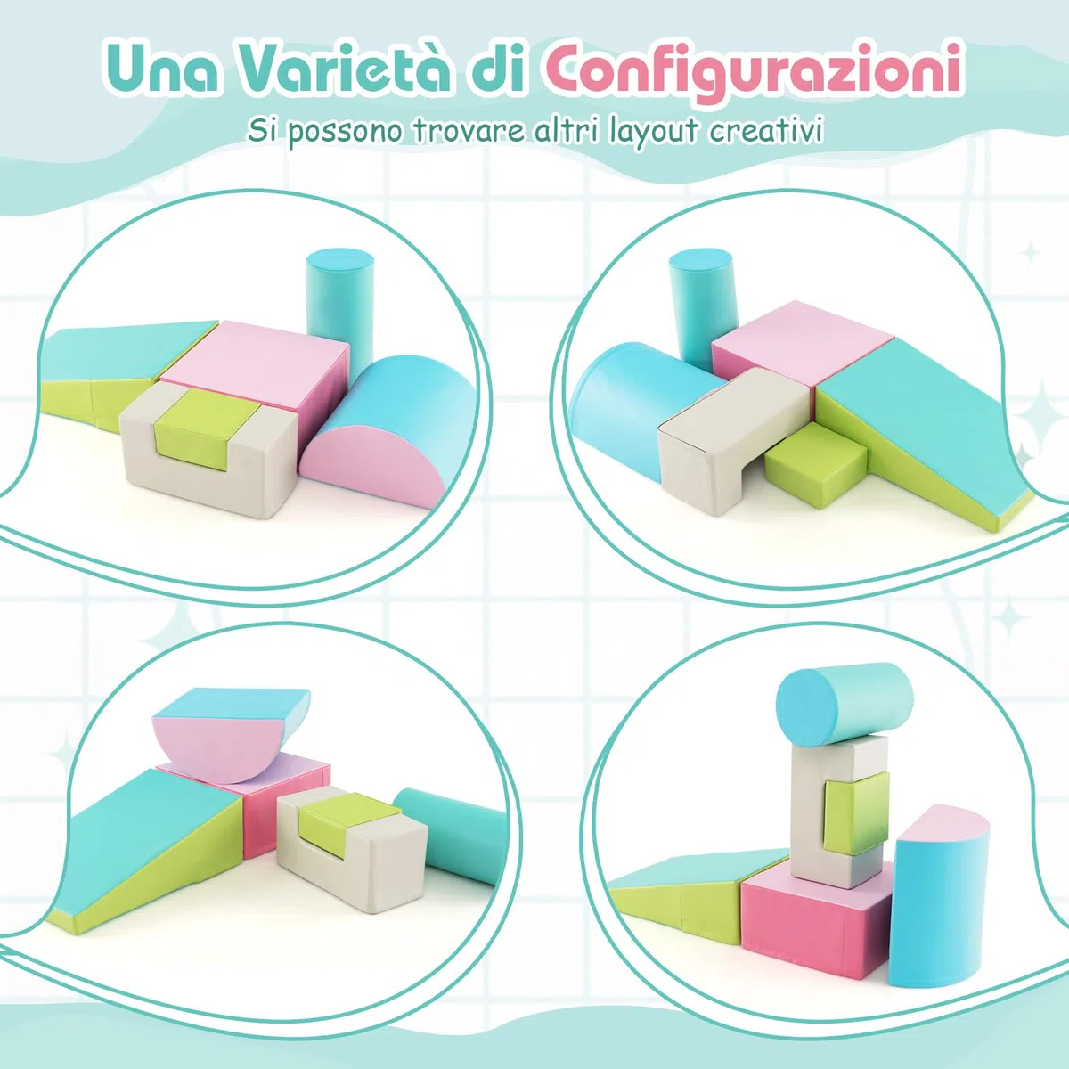 COSTWAY Set di 6 Blocchi per Bambini con Diverse Forme e Colori, Centro Attività Palestrina Giocattolo per Arrampicata e Strisciamento (Verde)