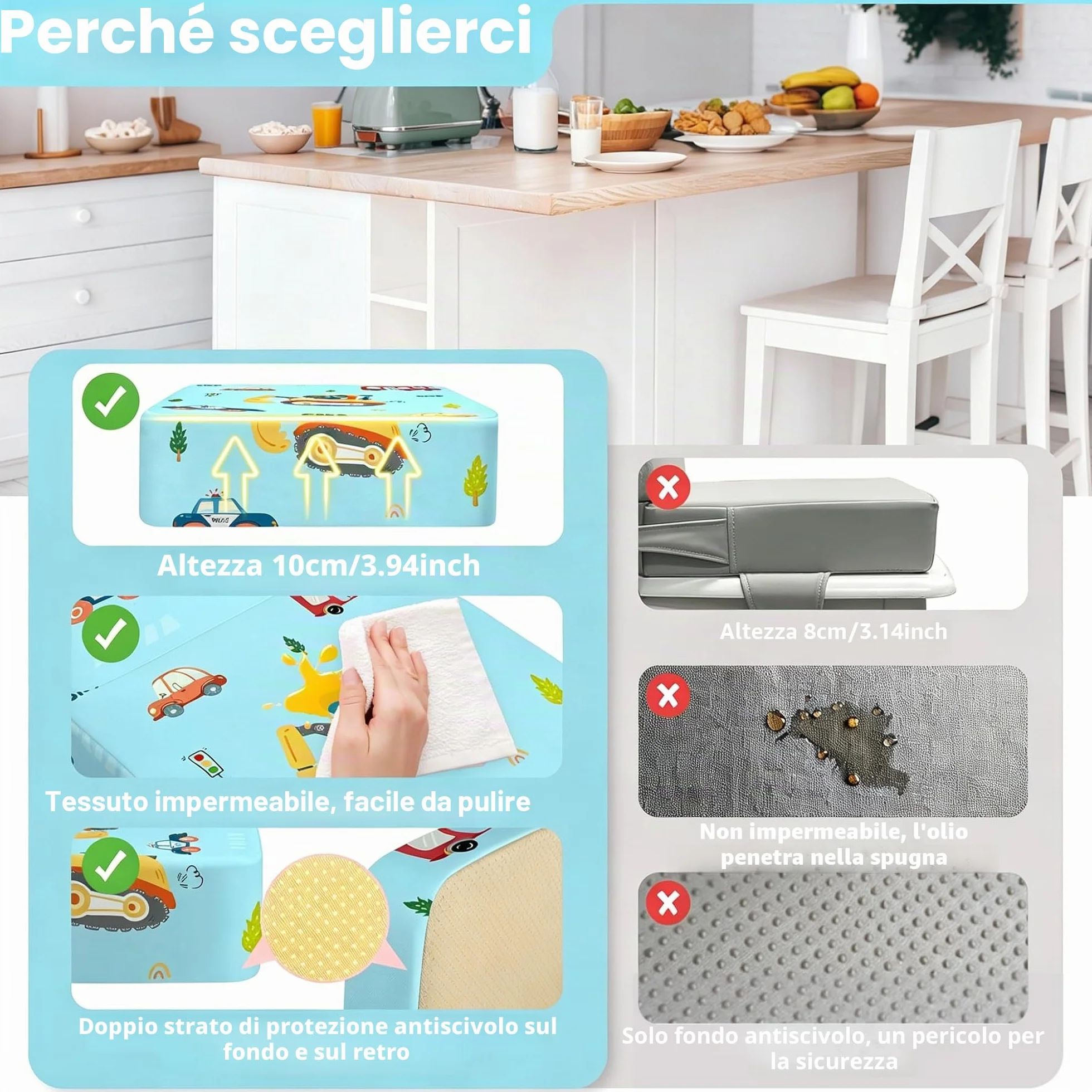 Rialzo Sedia per Bambini 2 Pezzi, PU Portatile Alzasedia da Tavolo, Cuscino Sedia con Cinghie Regolabili, 36x32x10cm, Escavatore