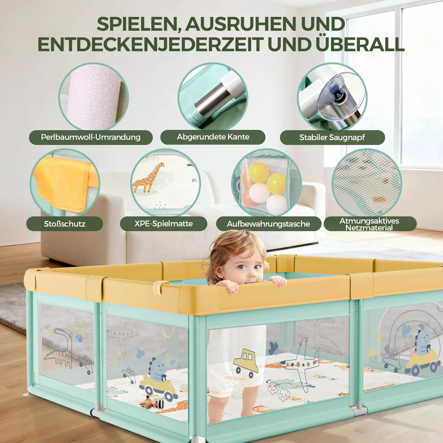 Box Bambini 180x200 con Tappeto, Recinto per Bambini con 360° Rete Traspirante, Tessuto Oxford, Laterali con Zip, Antiscivolo Robusta Centro Attività, 60 Palline, 4 Maniglie, Coccodrillo verde