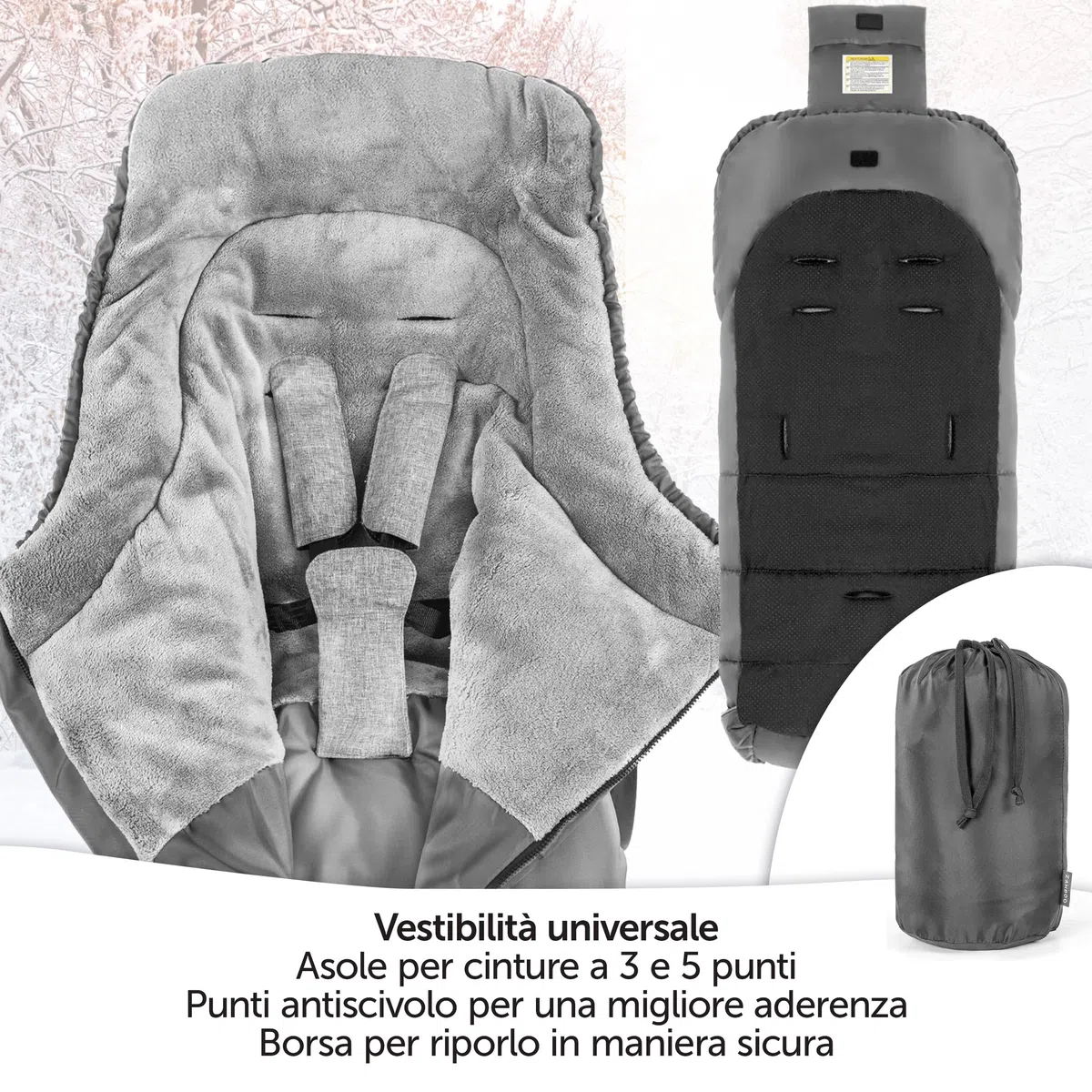 Zamboo Sacco Passeggino Invernale e per Carrozzine - Coprigambe Passeggino Universale Invernale con Banda Riflettente, con Borsa - Grigio