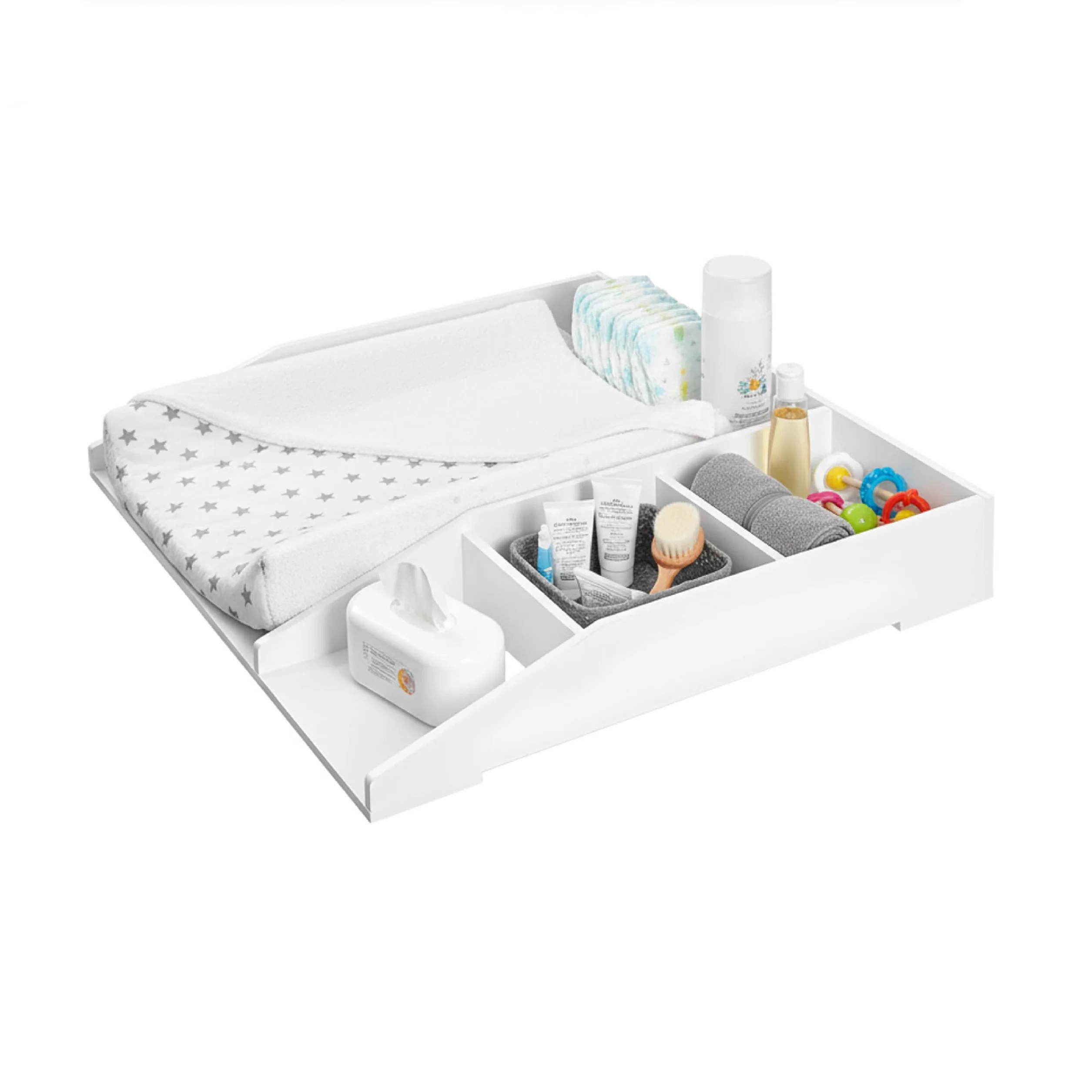 Baroni Home Fasciatoio da Appoggio Bianco, Mobile Cambio Neonato 4 Scomparti, Plastic Wood, 80x74,5x126 cm