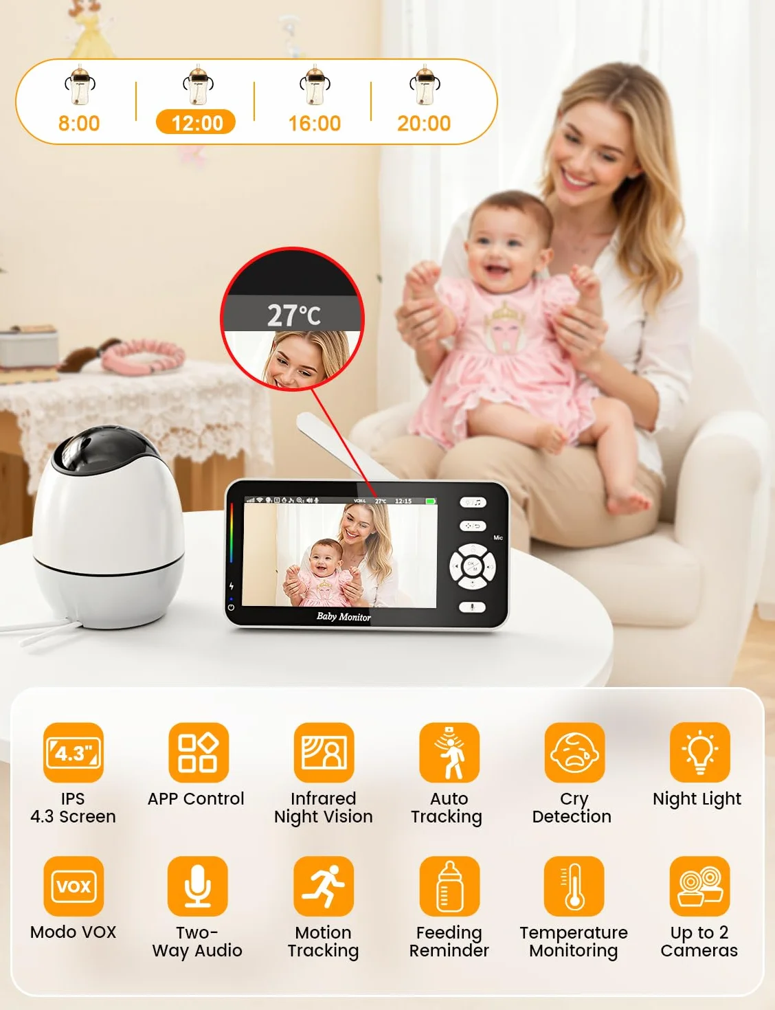 BURNNOVE Baby Monitor Video e Audio WiFi 4,3 Pollici IPS 3500mAh Batteria VOX Luce Notturna Rilevamento Temperatura