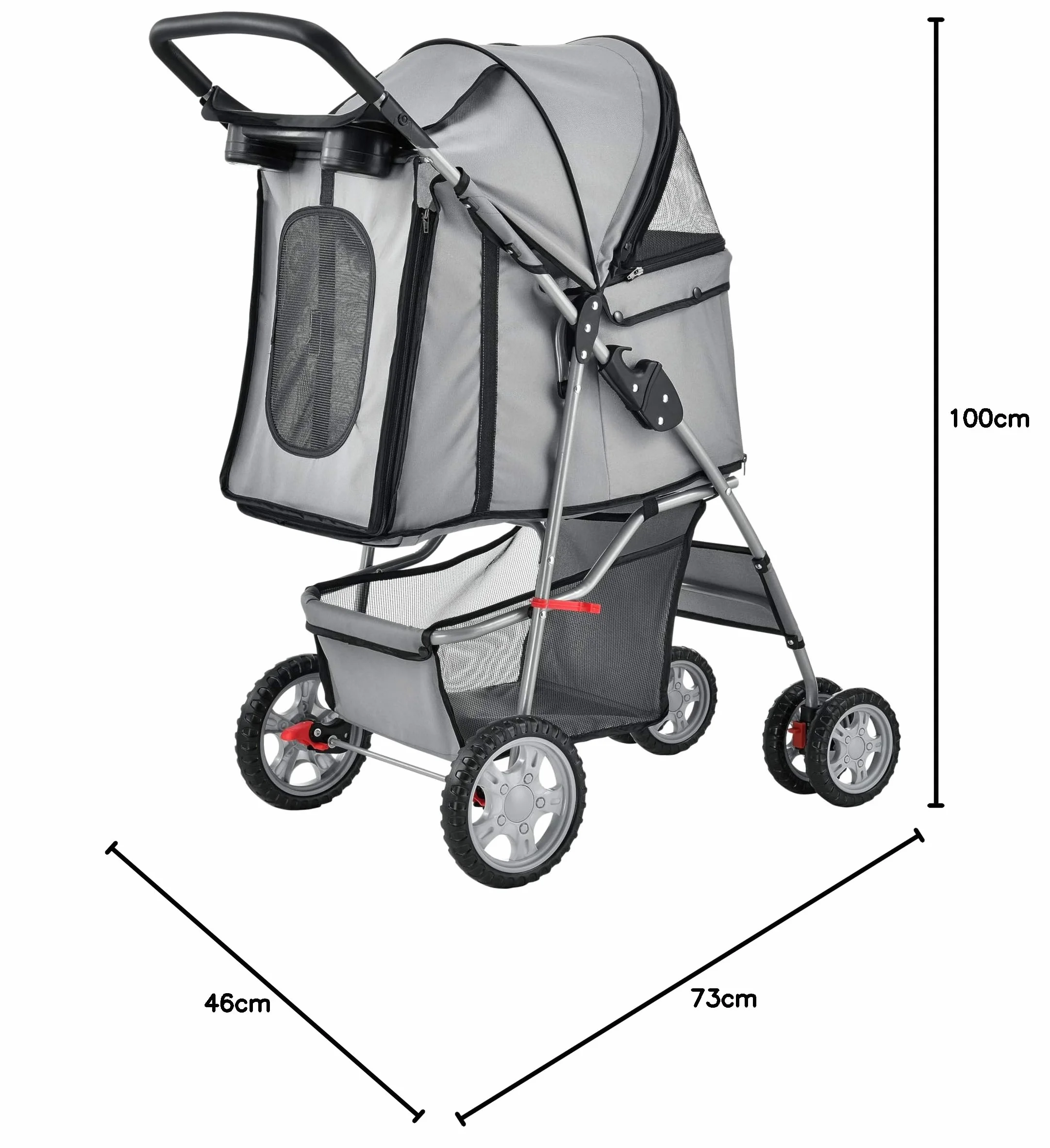 pro.tec Passeggino per Cani e Gatti Pieghevole Carrello Cabina Idrorepellente Ventilata 15 kg - Grigio
