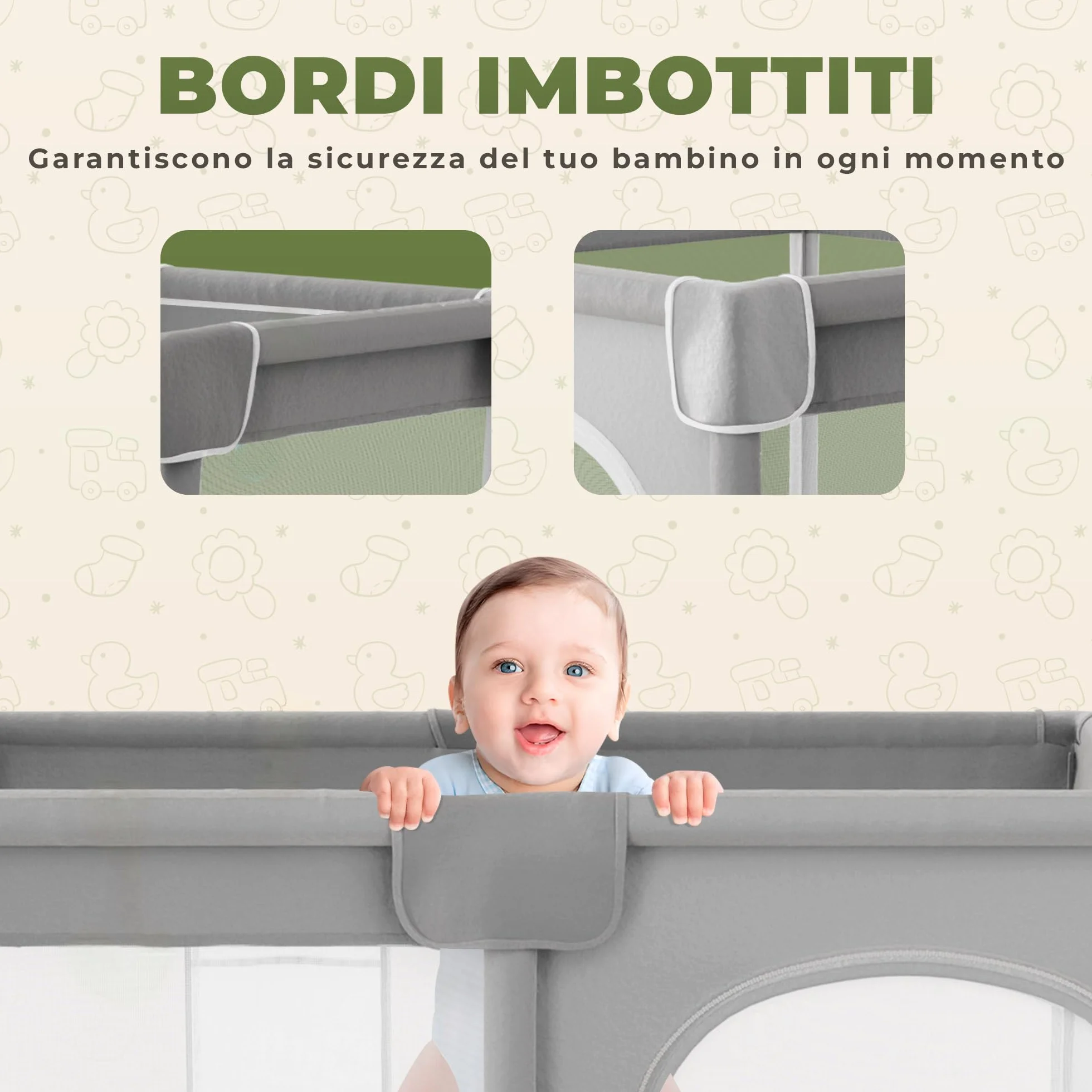 JUPPLIES Box Bambini 120×120 cm Recinto Gioco per Neonato 6-24 Mesi Rete Traspirante 360° Grigio con materassino