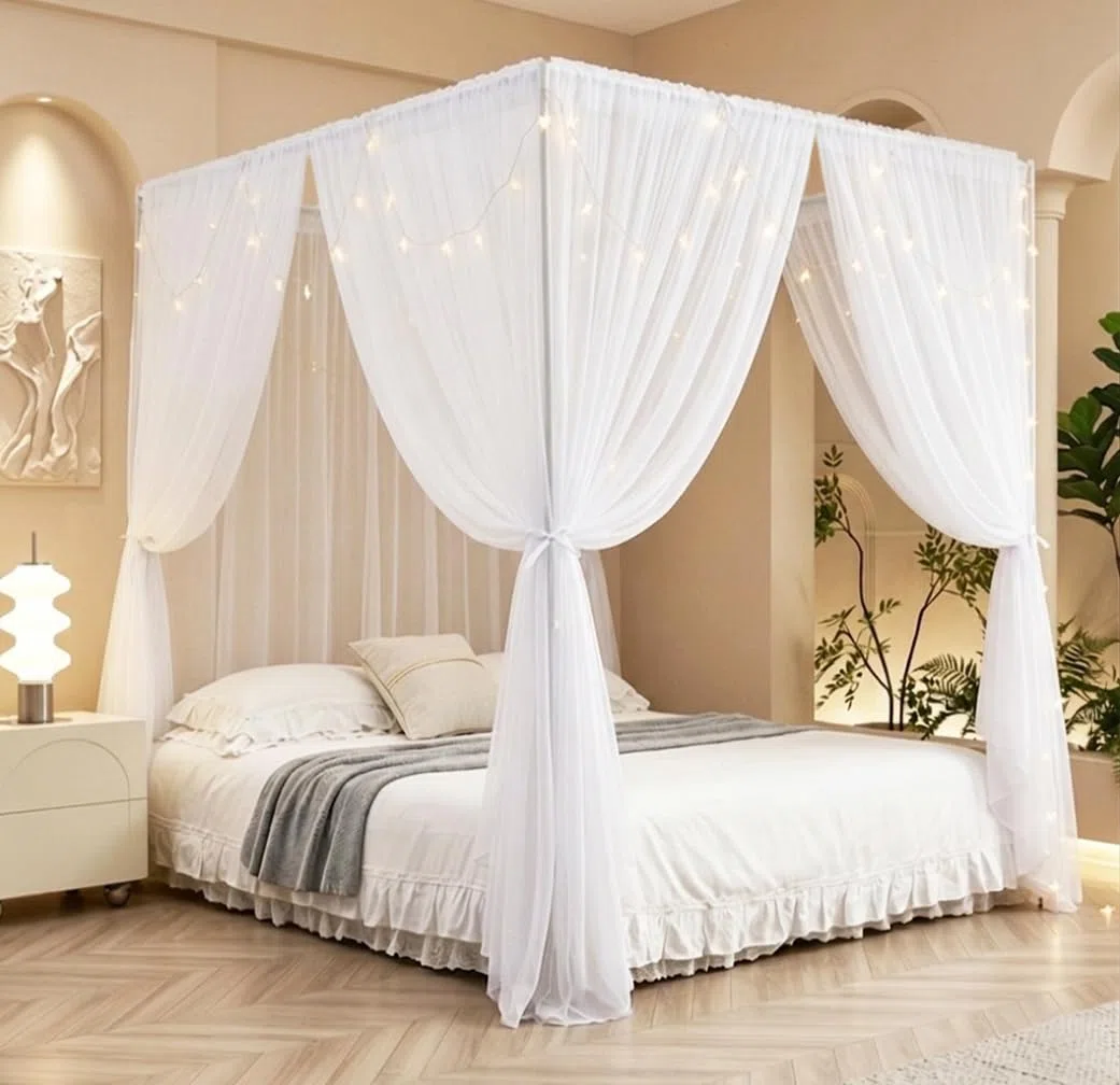 Akiky Set di tende da letto a baldacchino con stelle e tenda velata per letto king size, 8 pannelli per baldacchino (king size, bianco)