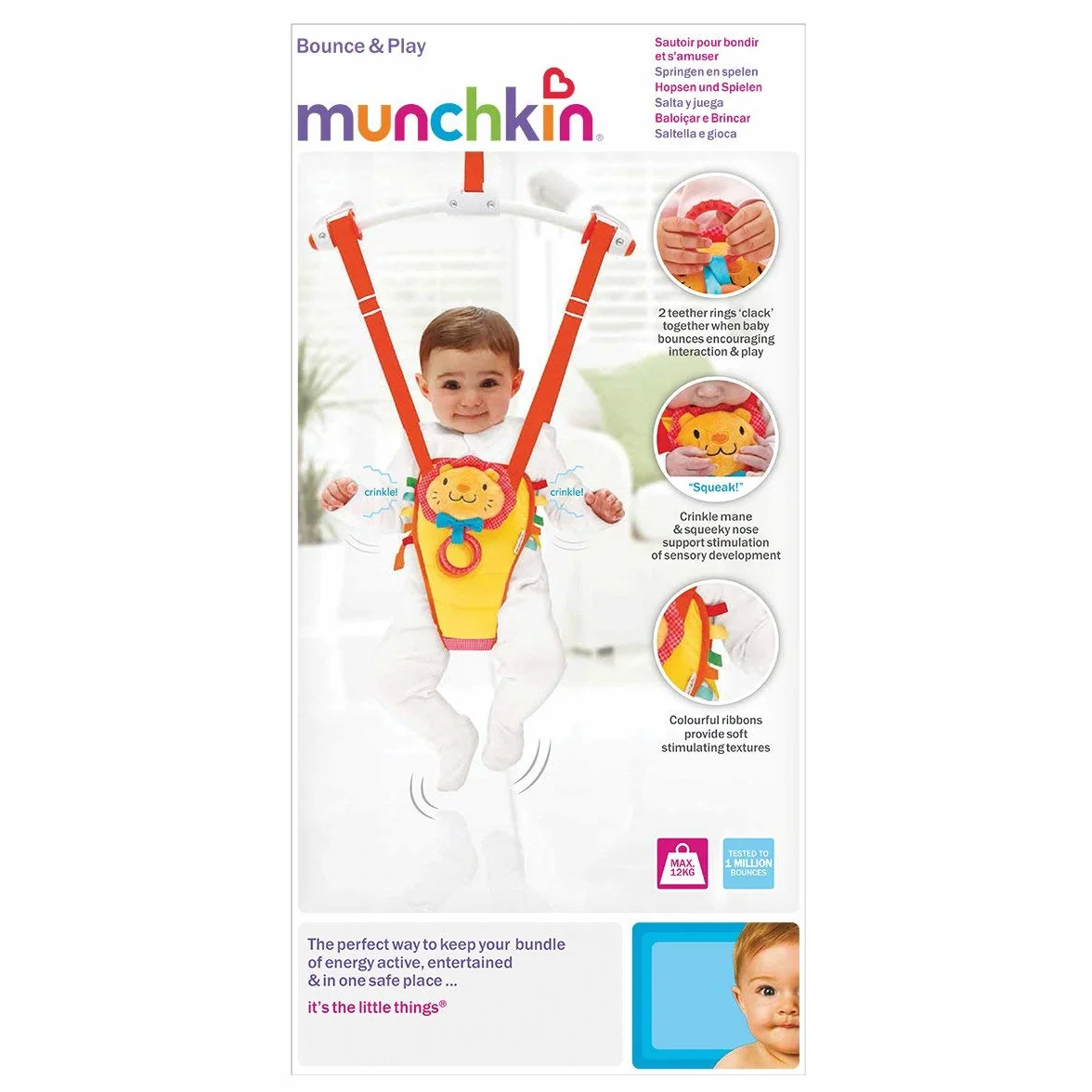 Munchkin Bounce & Play Saltatore per bebé da montare sulla cornice della porta, Altalena regolabile da porta per bambini, Seduta imbottita con anelli per dentizione e naso sonoro