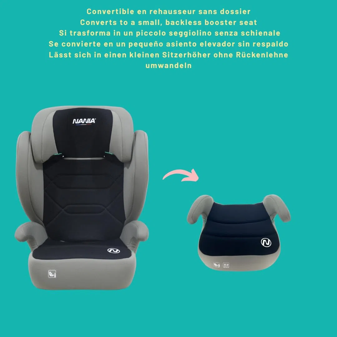 NANIA Belem, Seggiolino auto, 2 in 1, i-Size, 100-150 cm, da 3,5 a 12 anni, da 15 a 36 kg, cintura di sicurezza a 3 punti, Protezioni laterali, Poggiatesta Regolabile 9 Posizioni-non reclinabile