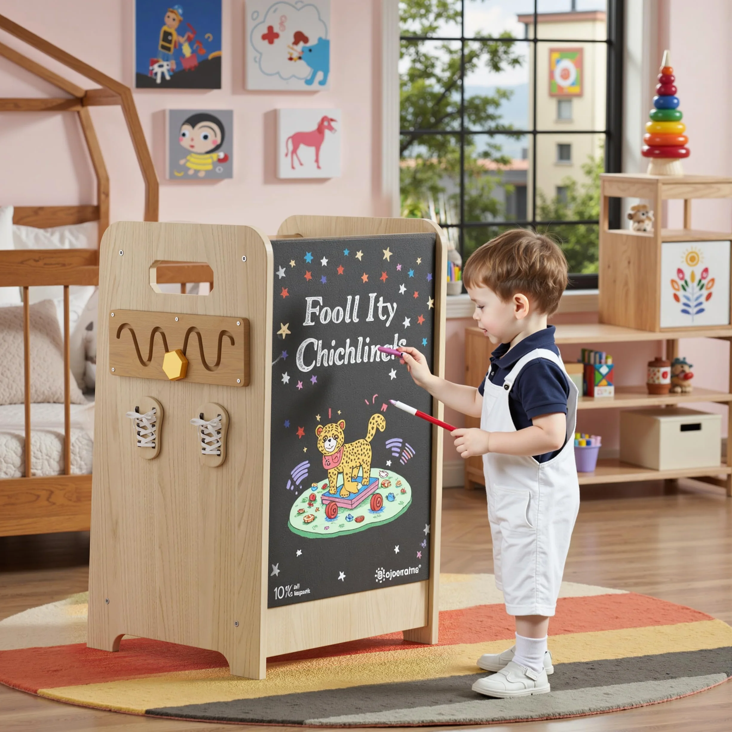 Torretta Montessoriana 4 in 1 Multifunzionale Torre Didattica con Lavagna e Scala Scorrevole per Bambini da 1 Anno