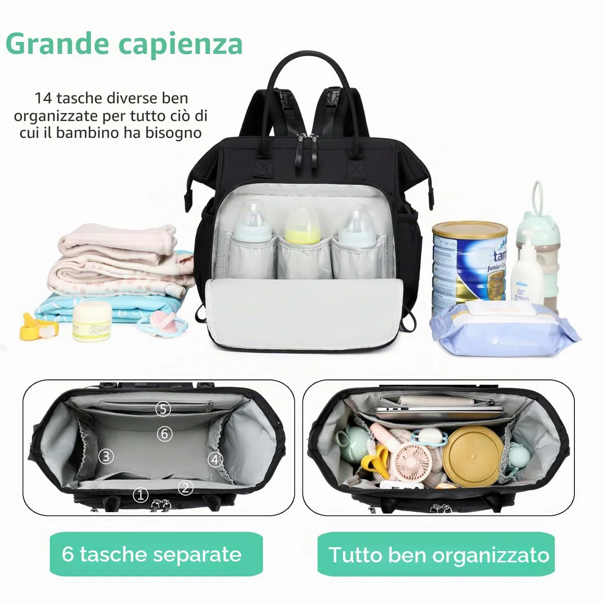 LORADI Convertible Diaper Bag Tote, Wide Open Top 14 Pockets Nappy Changing Backpack with Stroller Buckle, Water-resistant