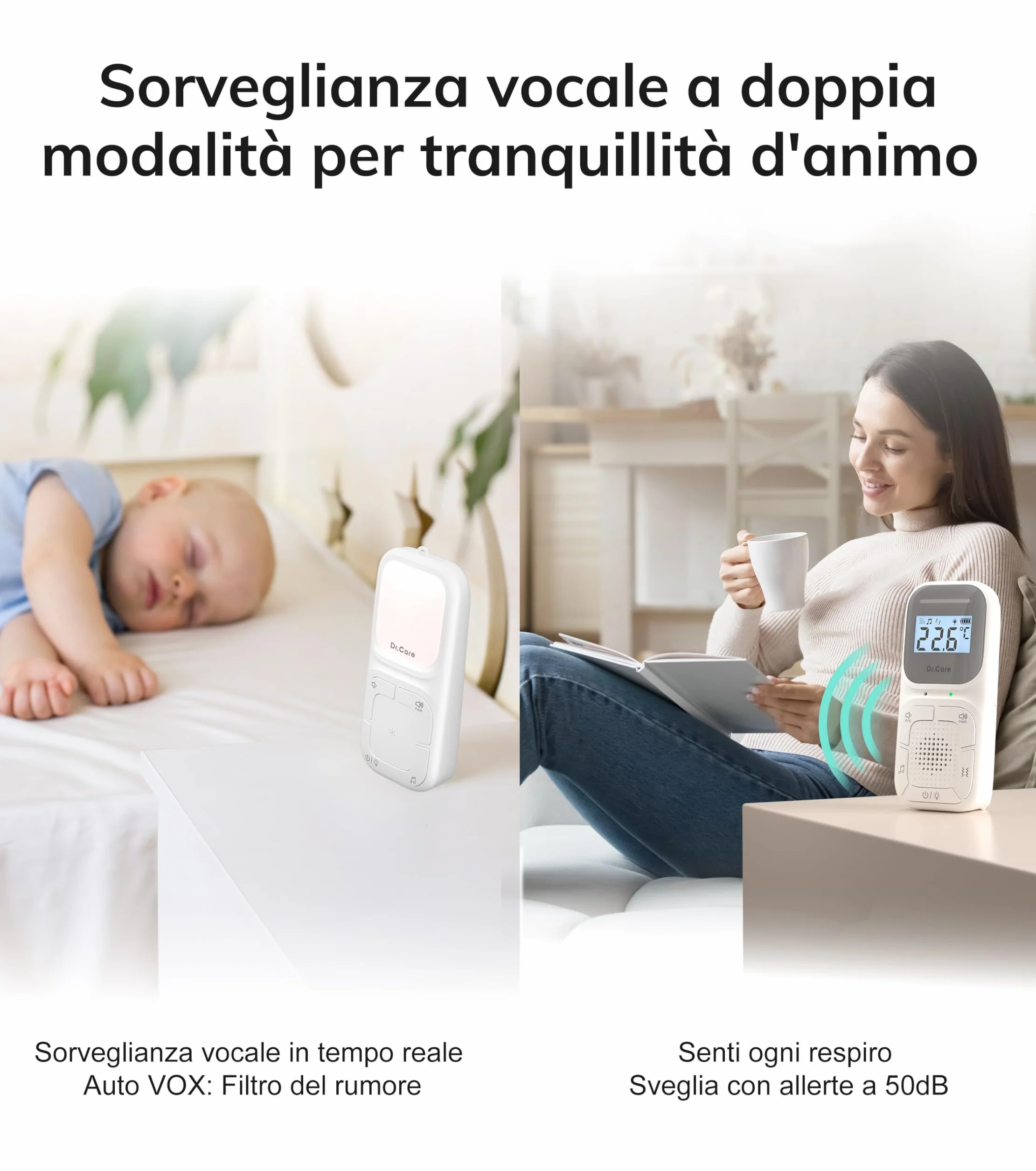 Dr.Care NeoGo Audio Baby Monitor pre-accoppiato VOX luce notturna portata 300 m