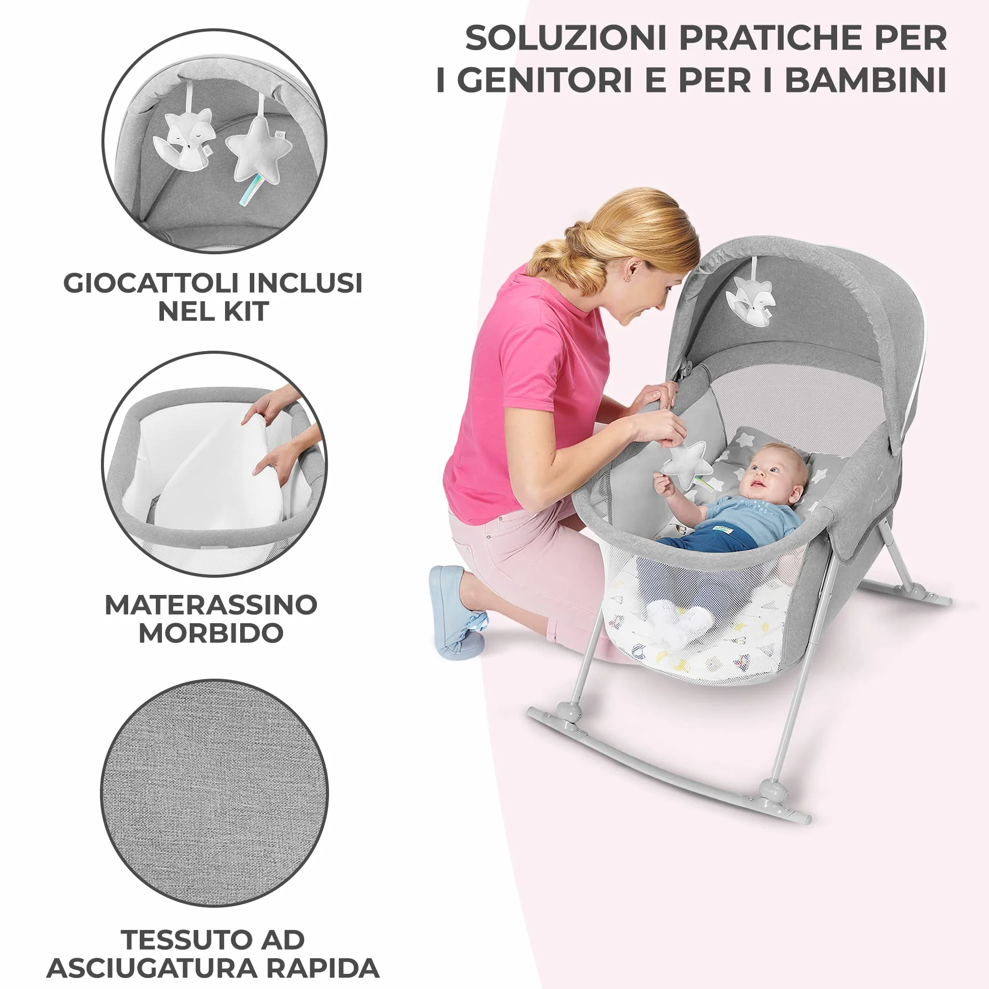 Kinderkraft LOVI Lettino da Campeggio Pieghevole per Neonati 0-9 kg Grigio