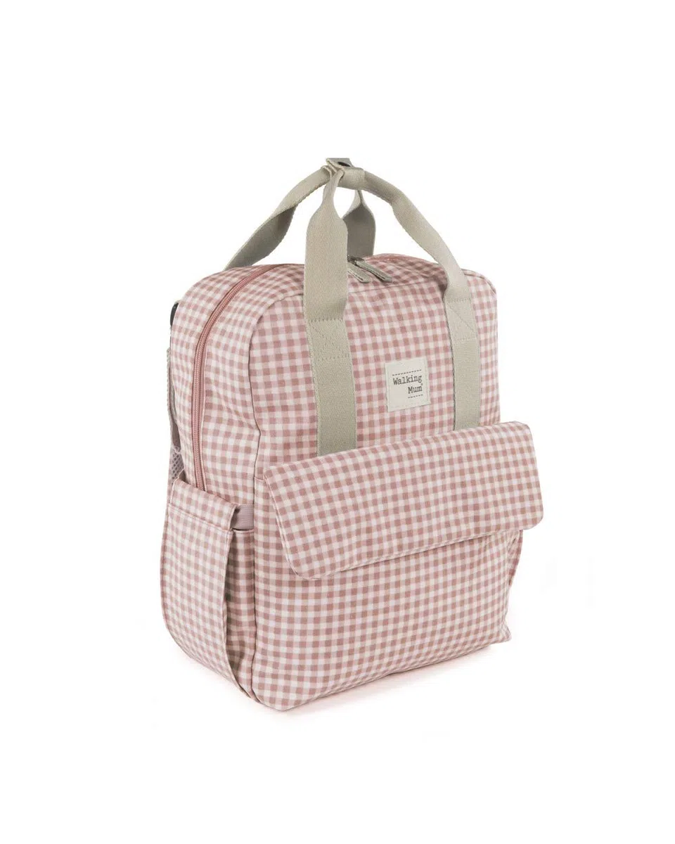 Walking Mum. Borsa zaino I Love Vichy, borsa per pannolini per passeggino, design versatile con manici corti e spallacci colore rosa misure 37 x 28 x 12 cm.