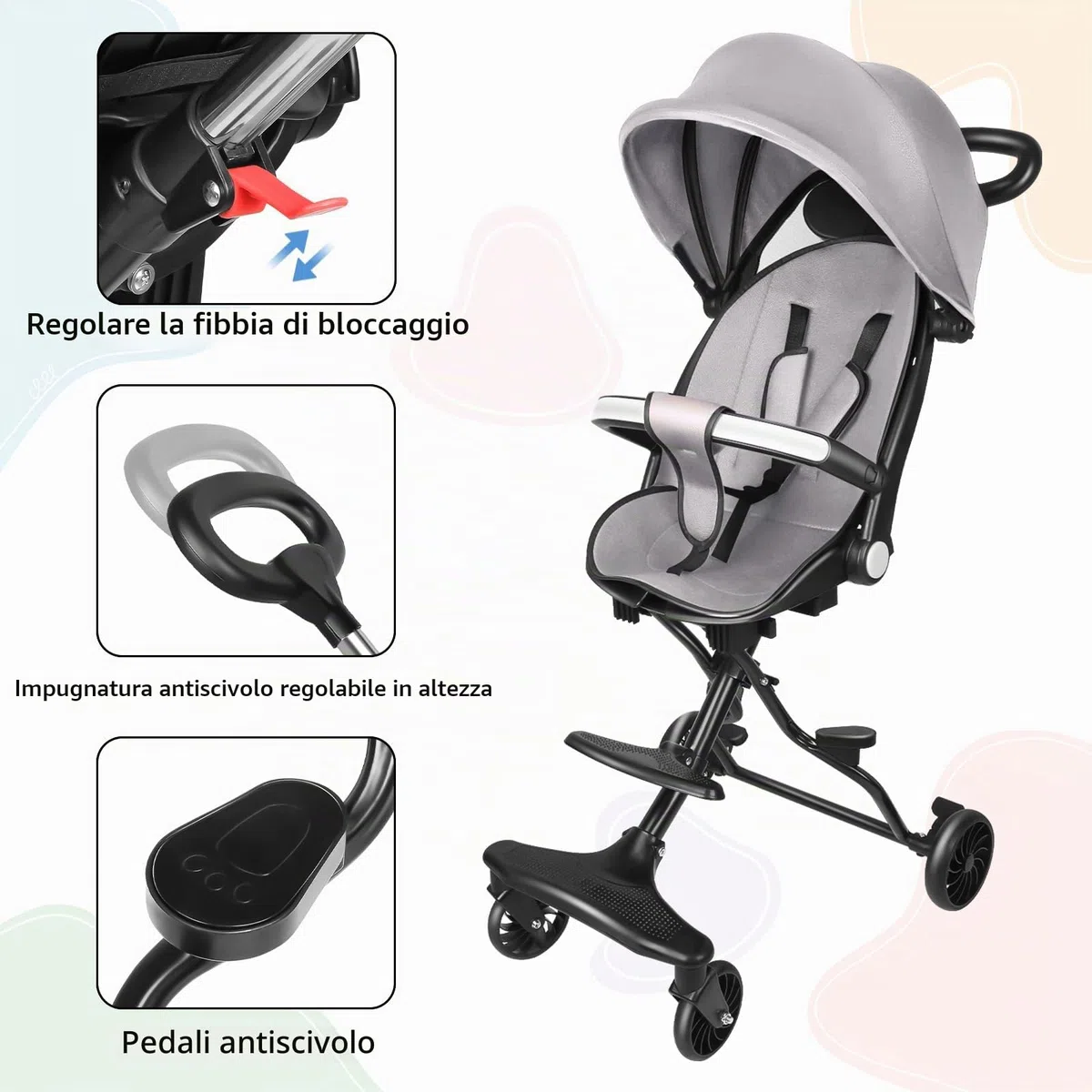 Passeggino Canne, 0-4 anni, 0-25 kg, leggero e compatto, posizione allungata, pieghevole automatico, 30 x 55 x 86,5 cm, grigio