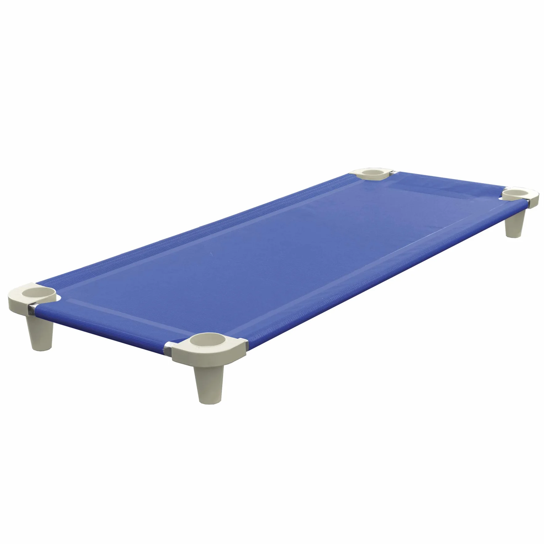 Acrimet Brandina per Bambini, Lettino Portatile Impilabile, 132 cm di Lunghezza (Tubi in Acciaio Inox) (Tessuto a Rete Traspirante Blu - Piedini Grigio) (Confezione da 1)