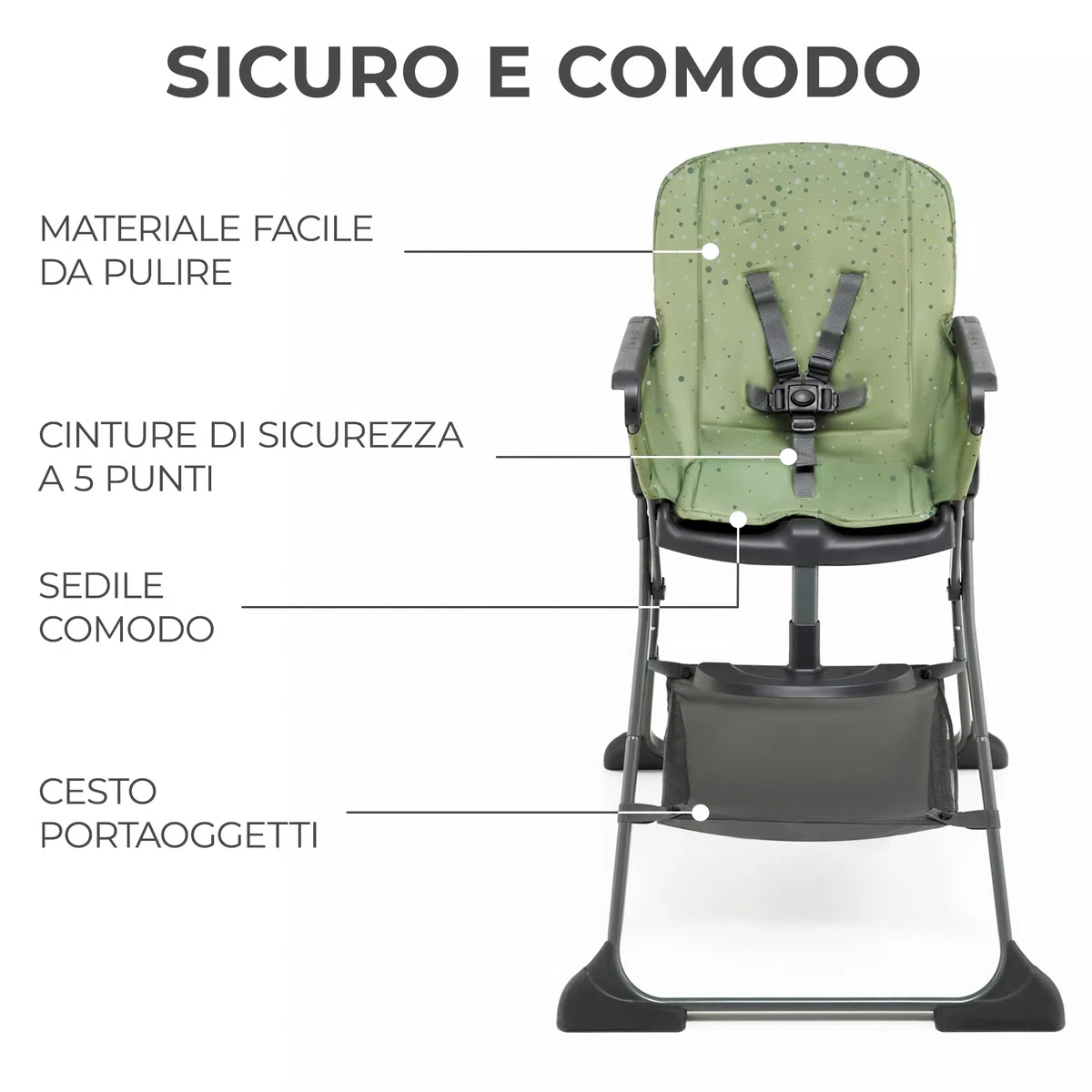 Kinderkraft FOLDEE Seggiolone Pappa, Portatile, Sedia bambini da tavolo, Pieghevole in dimensioni compatte, Schienale e poggiapiedi regolabile, con Vassoio e Cestello, Facile da pulire, Verde