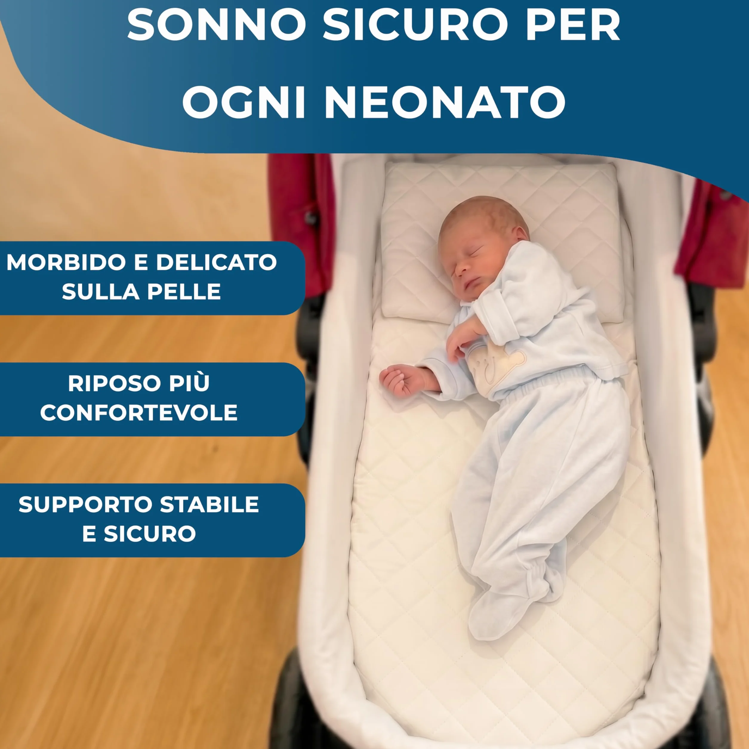 Manami® Materasso Culla e Navicella con Cuscino, Made in Italy, Cotone Trapuntato Sfoderabile, Materasso Carrozzina Traspirante per Neonato, 74x34x6 cm