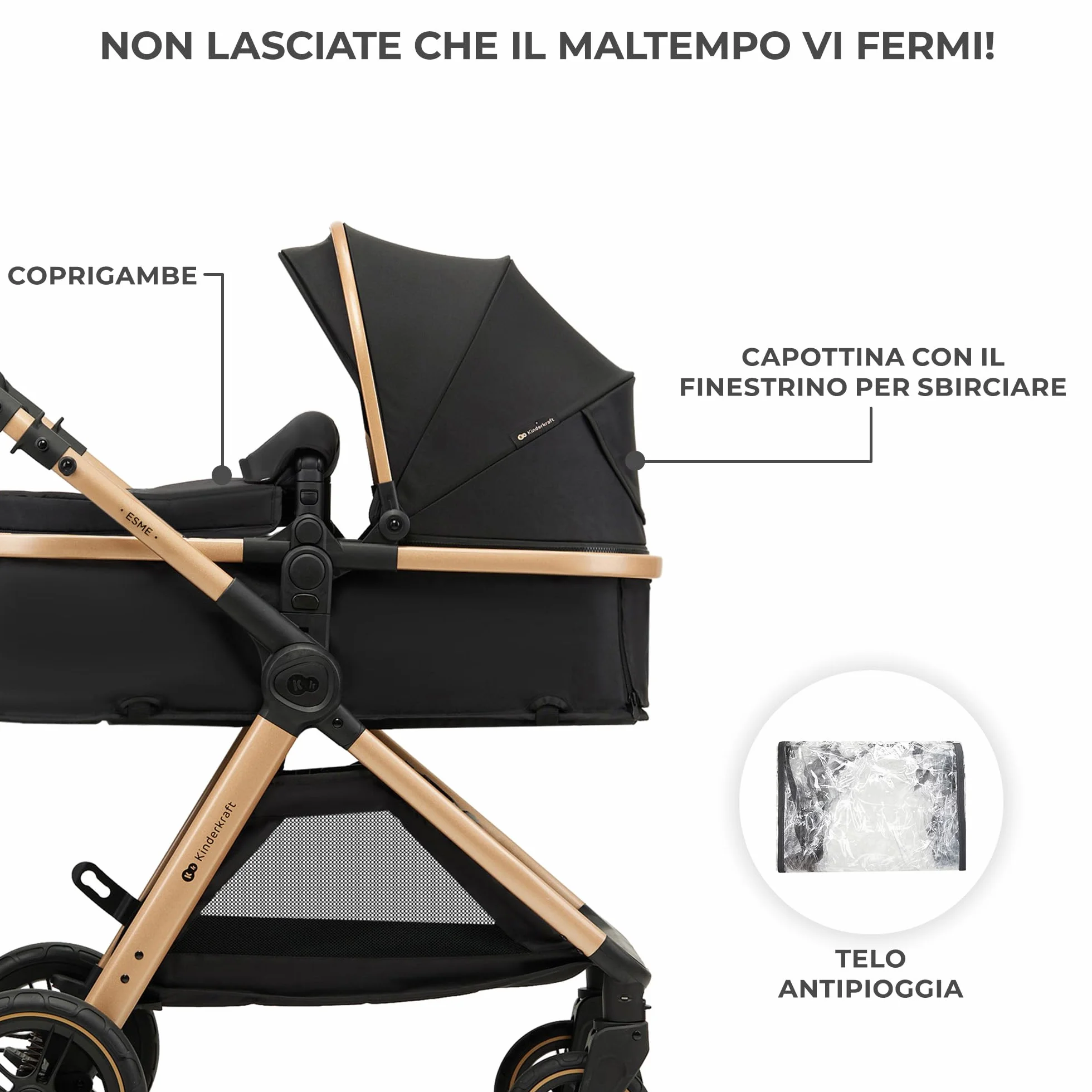 Kinderkraft ESME Trio 3 w 1 Passeggino Neonati 26 kg Ovetto I-SIZE 40-75 cm Carrozzina Reversibile Pieghevole Nero
