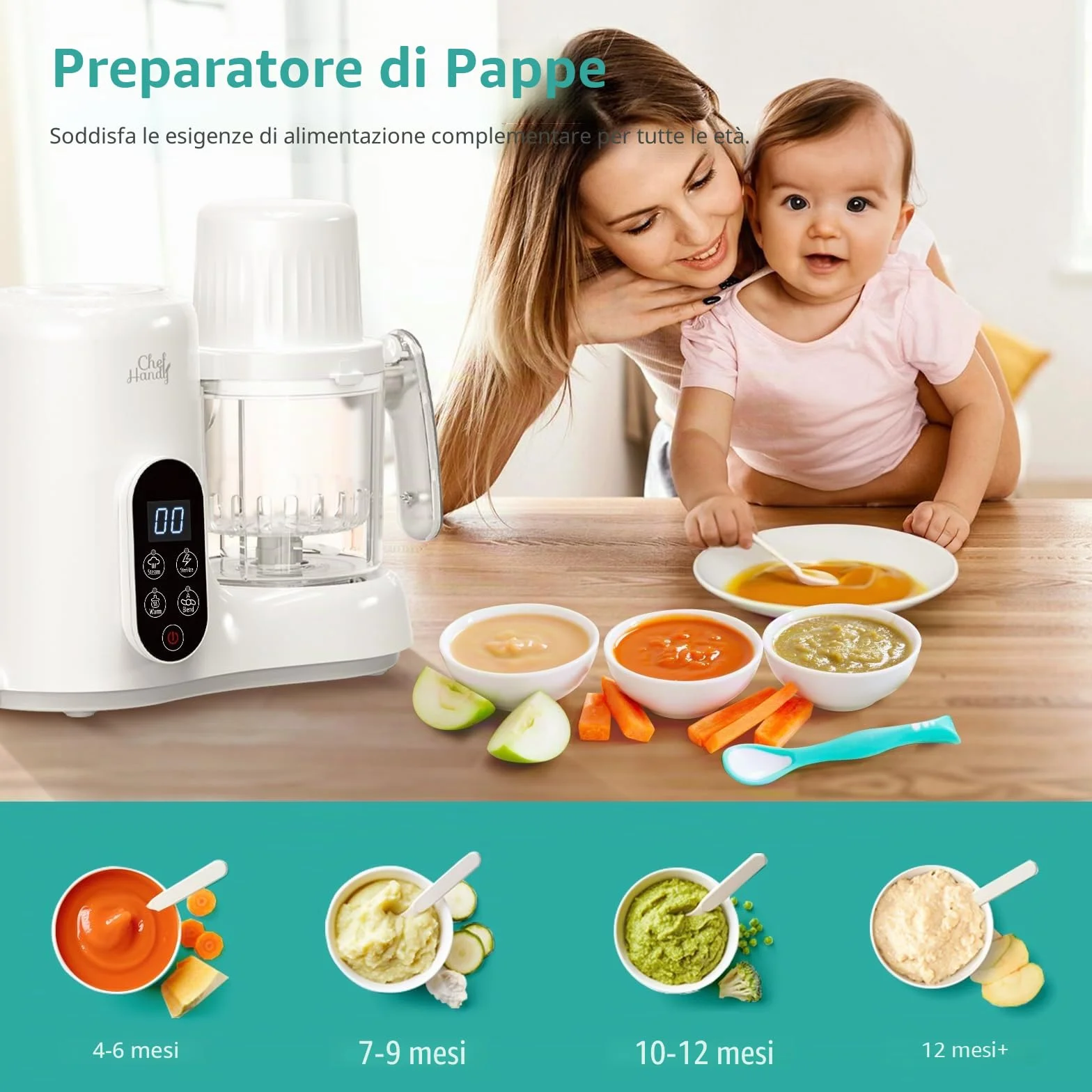 Chefhandy Preparatore 5 in 1 per Alimenti e Porridge per Bambini con Vaporizzatore, Cestello a Vapore, Miscelatore Automatico, Scaldabiberon, Schermo Touch Bianco