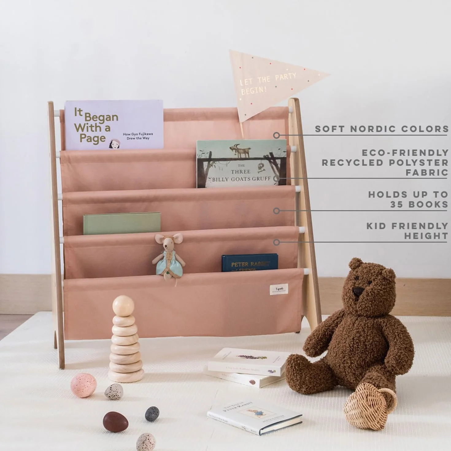3 Sprouts Libreria Frontale Montessoriana per Bambini, Scaffale in Poliestere Riciclato, 61x63x25,4 cm