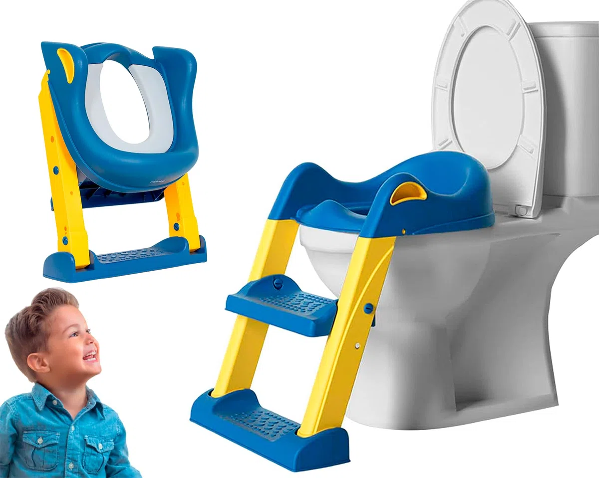 Edibaby, Riduttore Water Bambini, con Scaletta, per l’Addestramento alla Toilette, Portatile, Regolabile, Piena Compatibilità, Cuscino Imbottito, da 1 a 7 Anni (Blu e giallo)