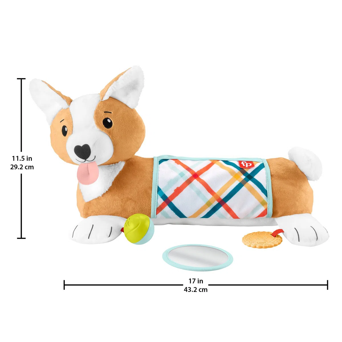 Fisher-Price - Cuscino Corgi Tummy Time 3 in 1, sostiene Il Bambino in 3 Modi Durante Ogni Fase della Crescita: disteso, Seduto, per Gioco di Ruolo; con 1 specchietto e sonaglino Senza BPA, HJW10