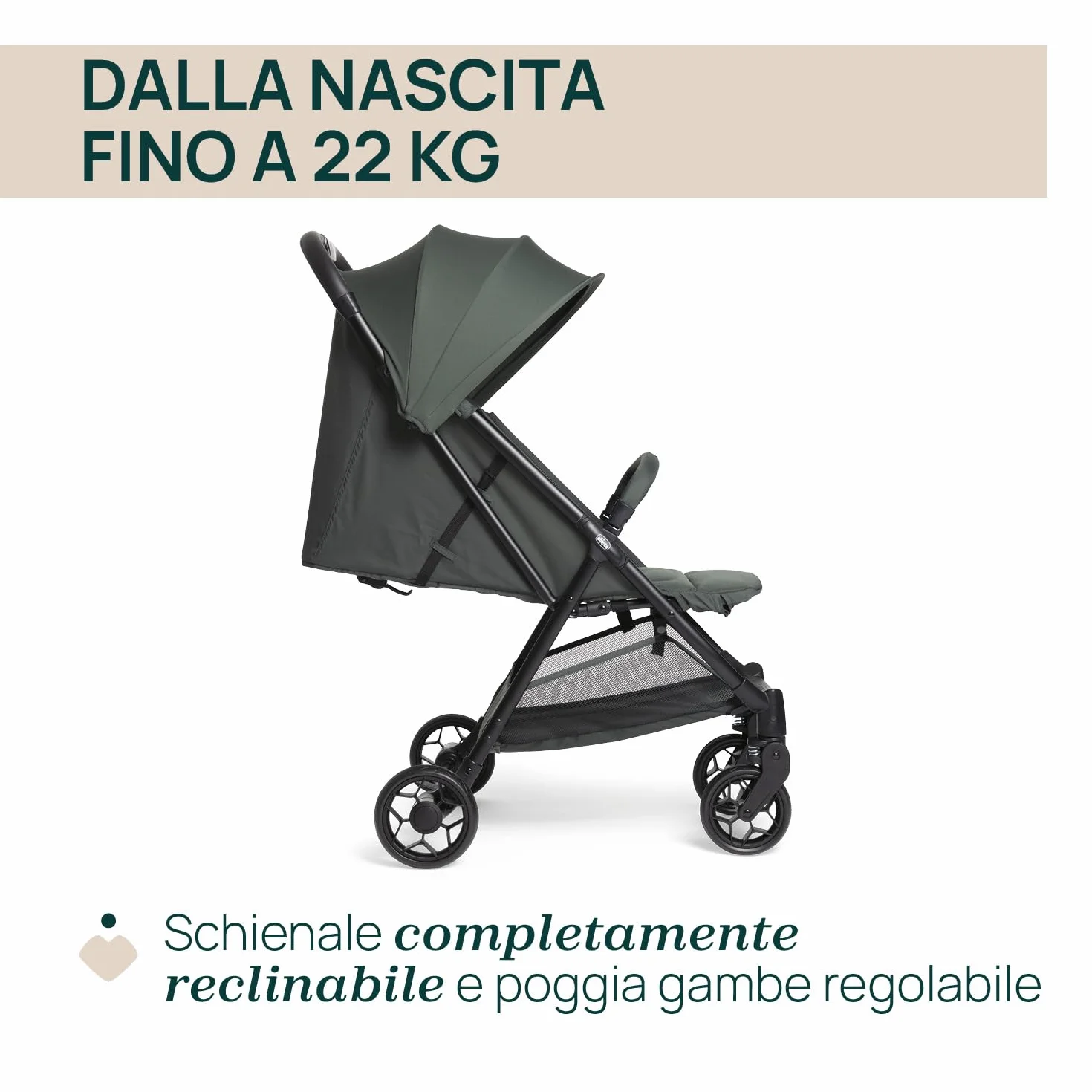 Chicco Urbino Passeggino Leggero 0+ Mesi-22 Kg Chiusura Smart Compatta Capotte UV50+ Antipioggia Schienale Reclinabile Regolabile Poggiagambe Verde