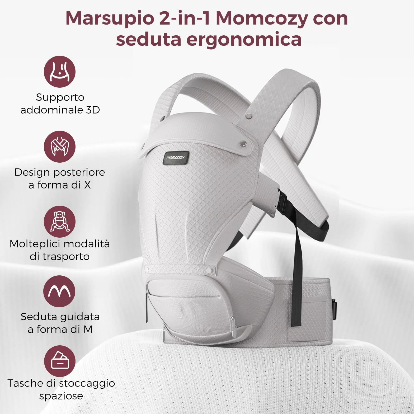 Momcozy Marsupio Neonato con Sede Anca 2 in 1, Portabebè Fronte Strada a Mani Libere fino a 20 kg, Marsupio Bambino 4 Stagioni con Cintura Regolabile fino a 115 cm,Grigio Air Mesh