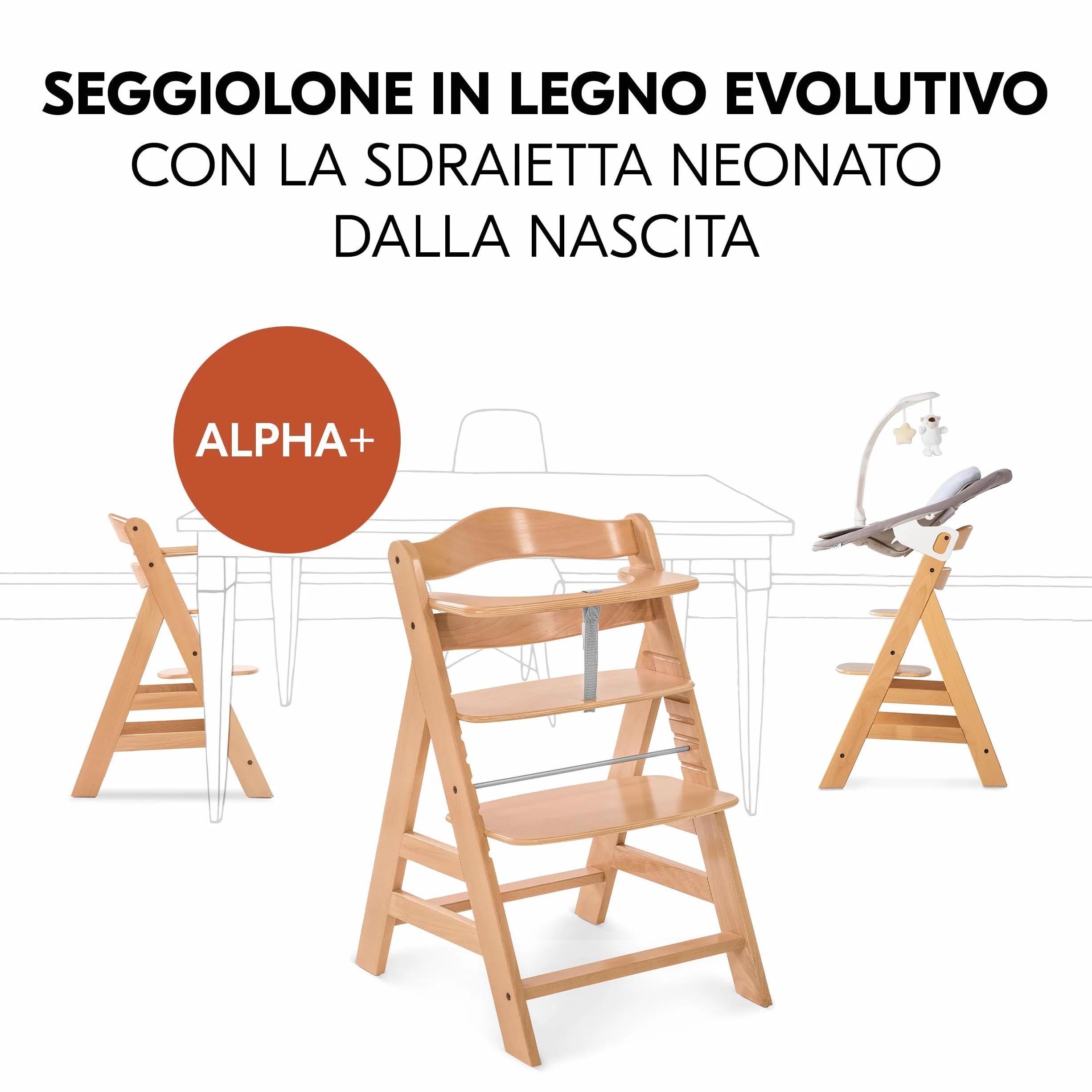 Hauck Alpha Plus Newborn Set Deluxe Seggiolone Evolutivo Legno Naturale con Sdraietta Dondolo e Cuscino