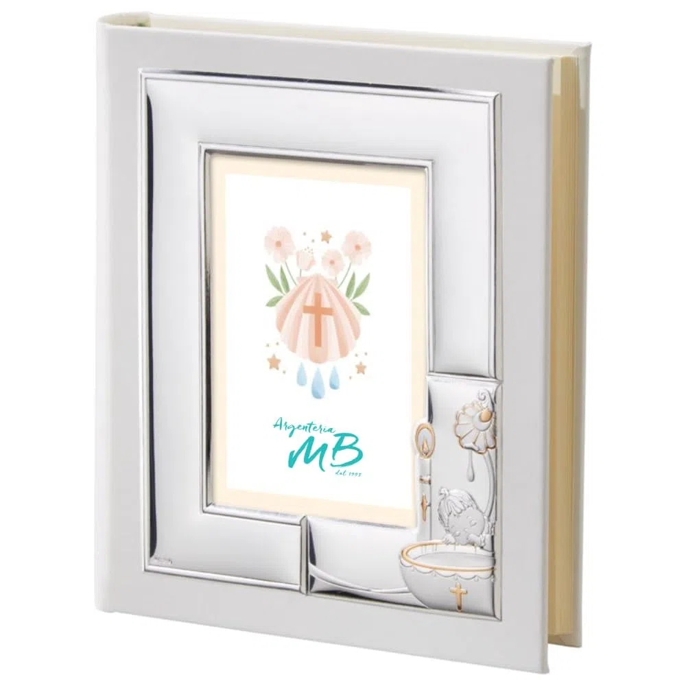 Album Fotografico per il Battesimo Personalizzabile con Incisione del nome, della data o di una dedica, Realizzato in Ecopelle Bianca con Cornice in Argento PVD Lucido e Satinato