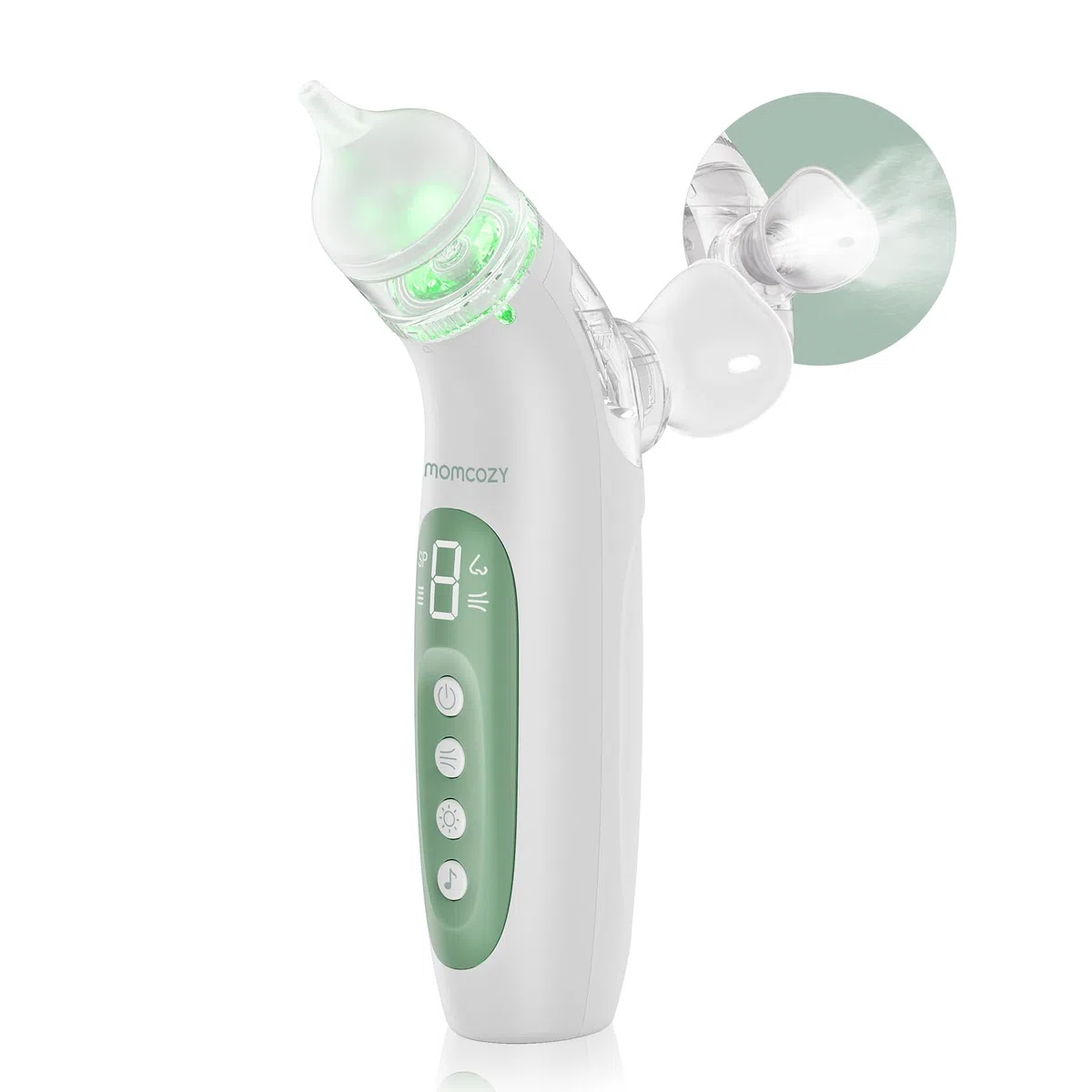 Momcozy Aspiratore Nasale Neonato Elettrico 2 in 1 con Spray, Aspirazione fino a 65 kPa, 4 Livelli Regolabili, Pulisci Naso Silenzioso e Portatile con Luce e Musica