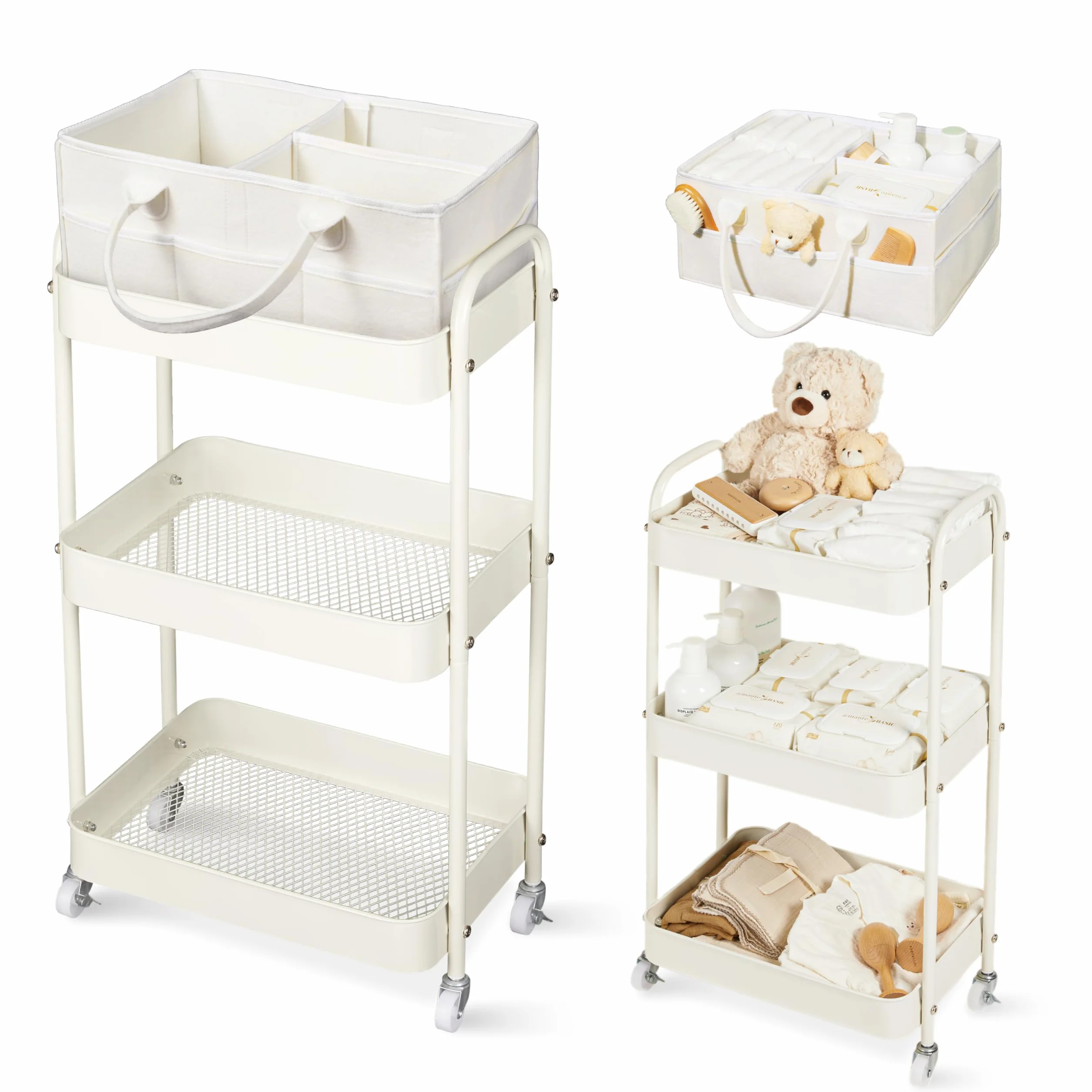 Fortella Carrello con Ruote Portatutto, Organizer Fasciatoio per Neonati Portatile, Ideale per Fasciatoio Neonato Bagno, Regalo Nascita Bimbo, 3 Ripiani Carrello Porta Attrezzi, Cucina (Beige)