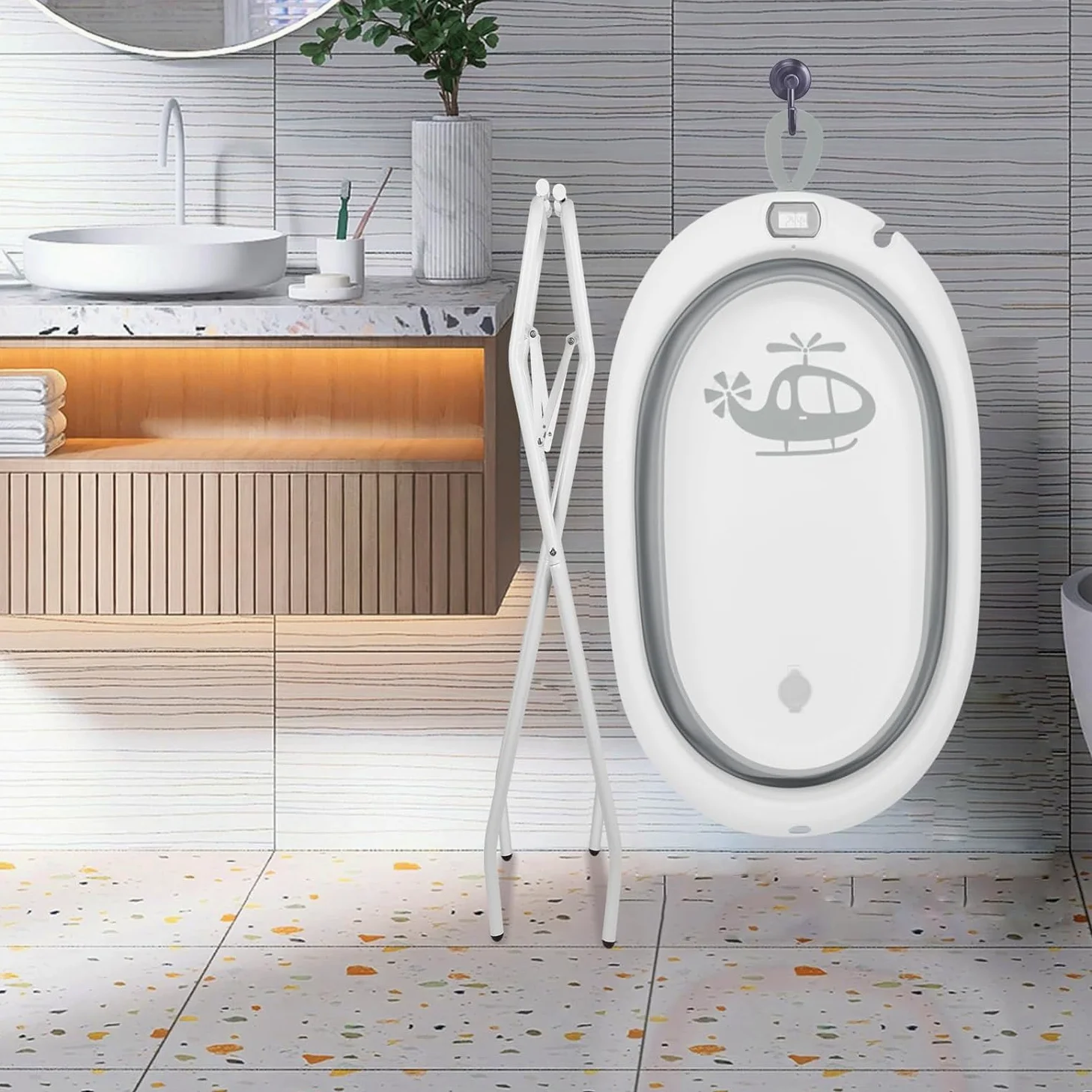 Vasca da bagno pieghevole con supporto in acciaio per neonati con termometro e tubo di scarico–Cuscino ergonomico neonato– guadagno di spazio piccolo bagno– 0-3 anni ((Style 1) 85 * 47 * 85cm-grey)