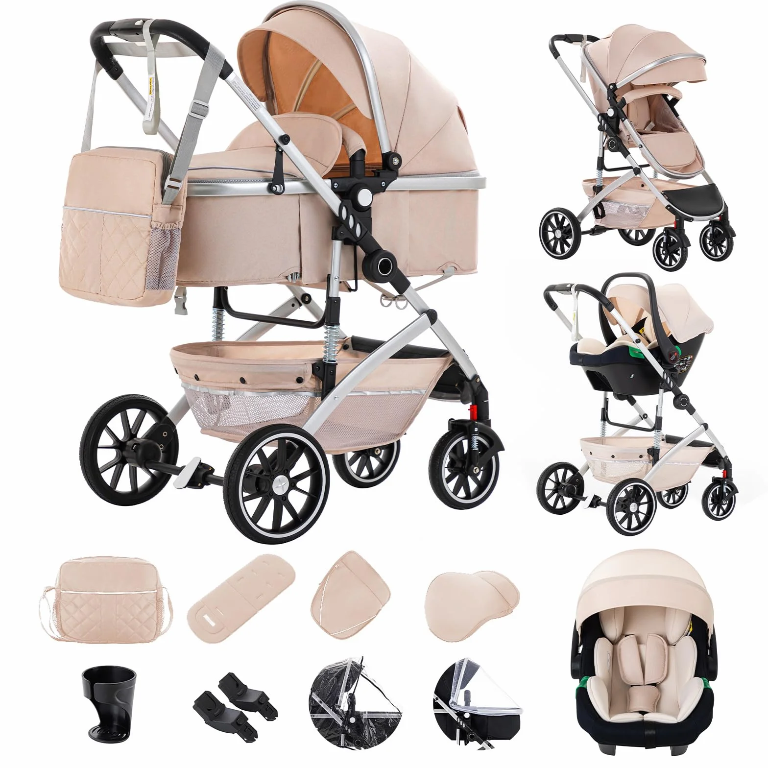 Passeggino 3 in 1 con seggiolino auto pieghevole telaio alluminio per neonati 0-4 anni