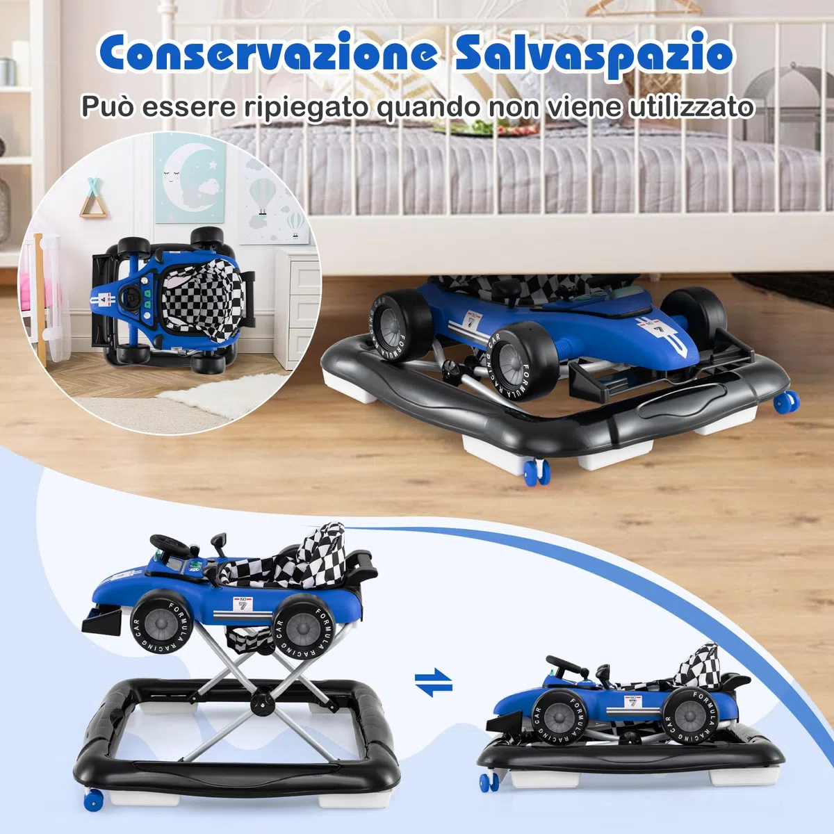 COSTWAY 4 in 1 Girello per Bambini, Altezza Regolabile a 3 Livelli, Passeggino per Bambini, con Volante Imbottito e Scatola Musicale, Portata 12 kg, per Bambini 6-18 Mesi (Blu)