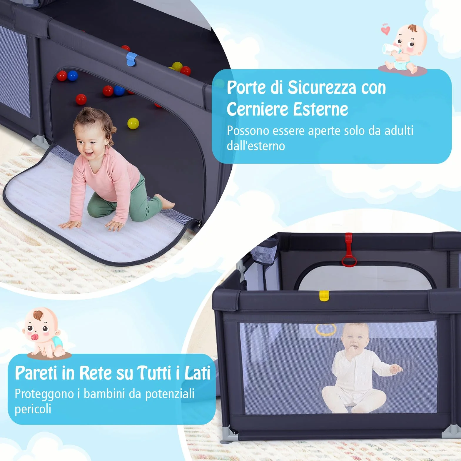 COSTWAY Box Neonati 210x150 cm Recinto Bambini Pieghevole con Canestro Basket 2 Porte Calcio Parco Giochi 50 Palline 4 Anelli Borsa Trasporto Grigio Scuro