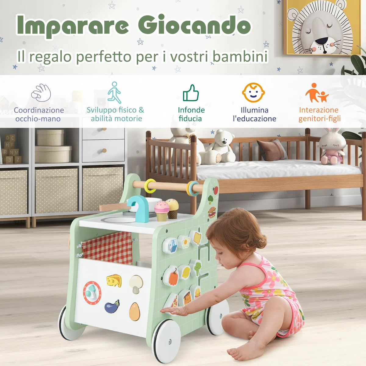 COSTWAY Carrello Primi Passi in Legno per Bambini, Centro Attività Montessori con Giacattoli, Gioco Educativo con Ruote, Girello per Bambini 12 Mesi +, 31 x 34,5 x 42 cm (Verde)