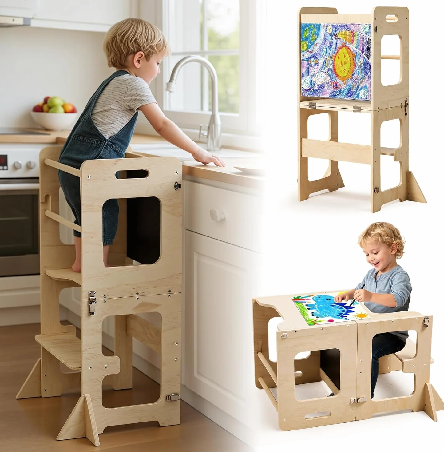 Labebe 4 in 1 Pieghevole Torre di Apprendimento Montessori per Bambini con Lavagna Nera Legno Anti-Ribaltamento 18 Mesi
