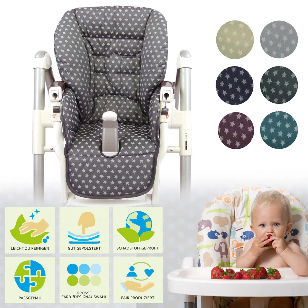 BambiniWelt - Rivestimento di ricambio per cuscino Peg Perego Prima Pappa Diner Stelline (stelle grigie scuro)