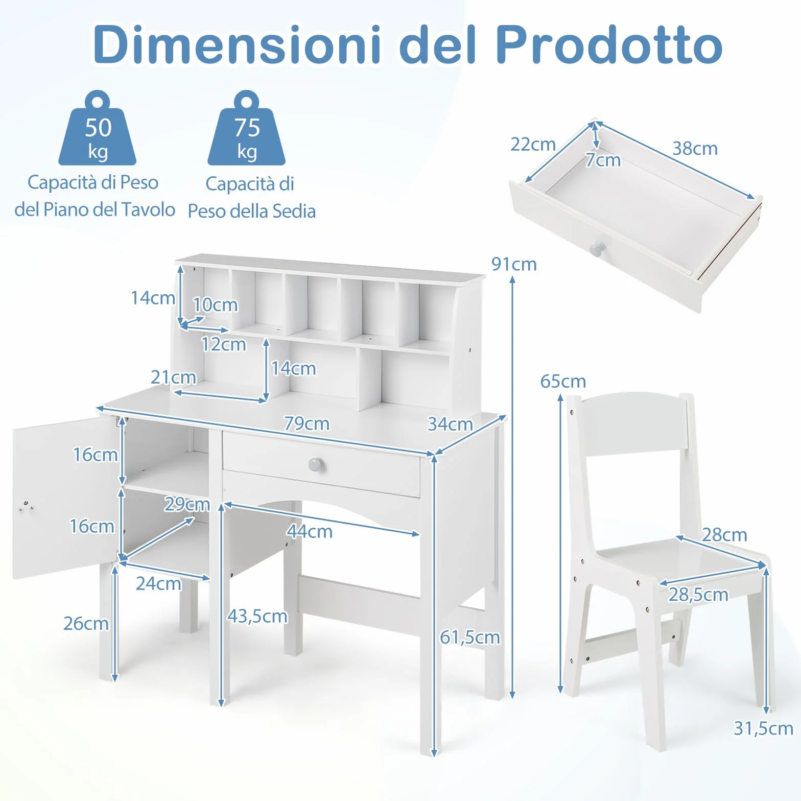 RELAX4LIFE Set Tavolo e Sedia per Bambini, Scrivania da Studio con Scaffale e Armadio, Bianco