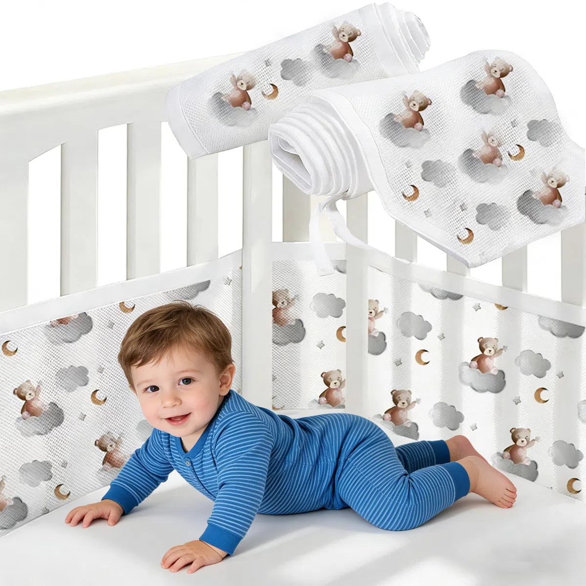 2PCS Paracolpi Per Lettino,Dimensioni 160*30cm e 340*30cm, Design Traspirabile, Rimovibile, Protezione Della Sicurezza Paracolpi Lettino Neonato,Paracolpi Letto