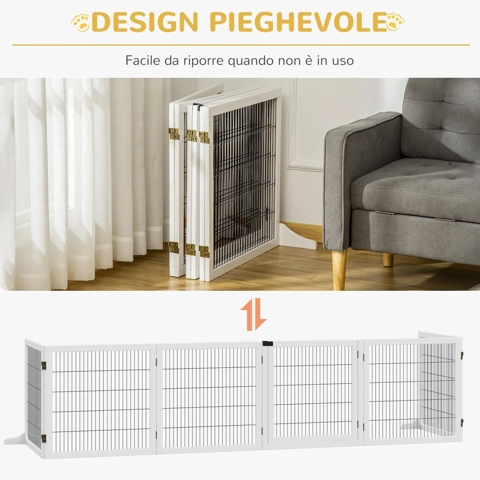 PawHut Cancelletto per Cani di Piccola/Media Taglia a 6 Pannelli Pieghevoli, Cancelletto di Sicurezza in Legno e Acciaio, 432x36x70 cm, Bianco