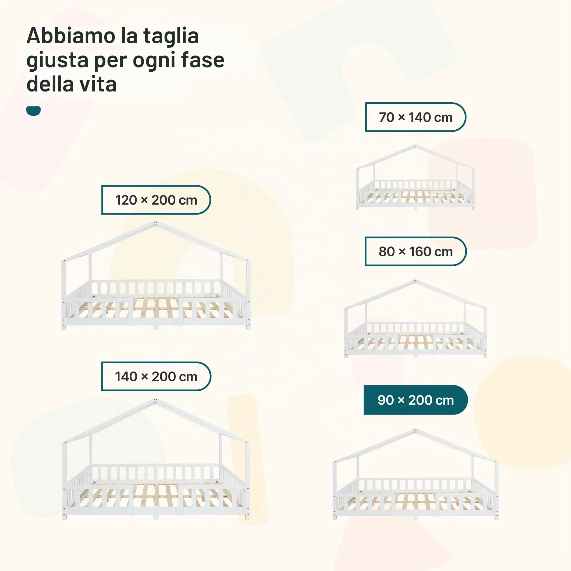 Letto a Forma di Casetta per Bambini in Legno di Pino 90x200 cm Bianco