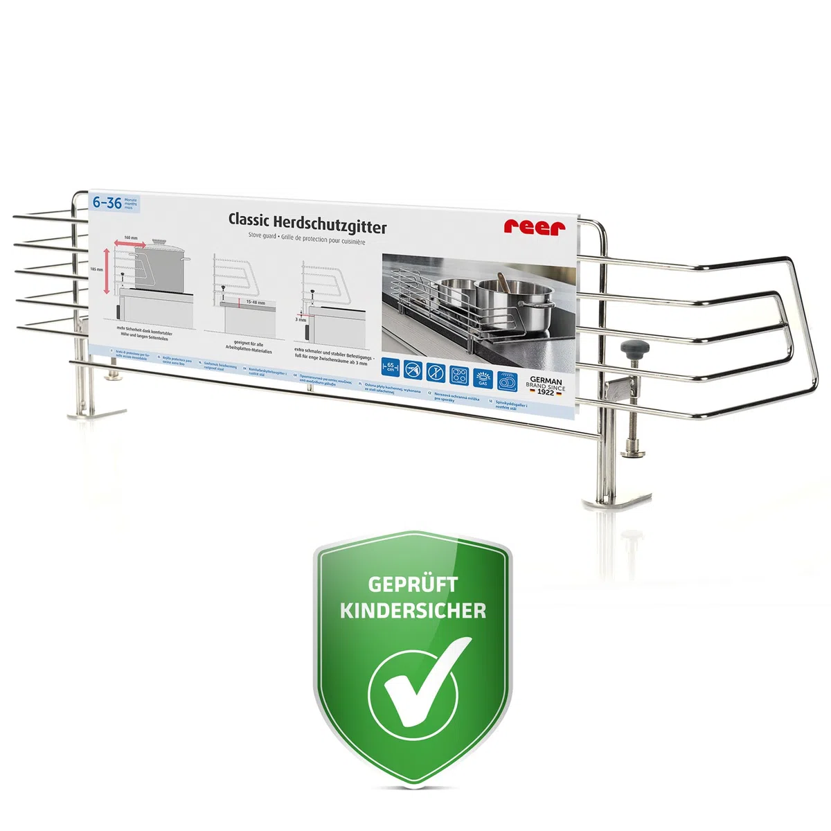 Reer Griglia di protezione per piano cottura Classic da morsetto, in acciaio inox, extra sicura, adatta per il 99% di tutte le cucine, argento