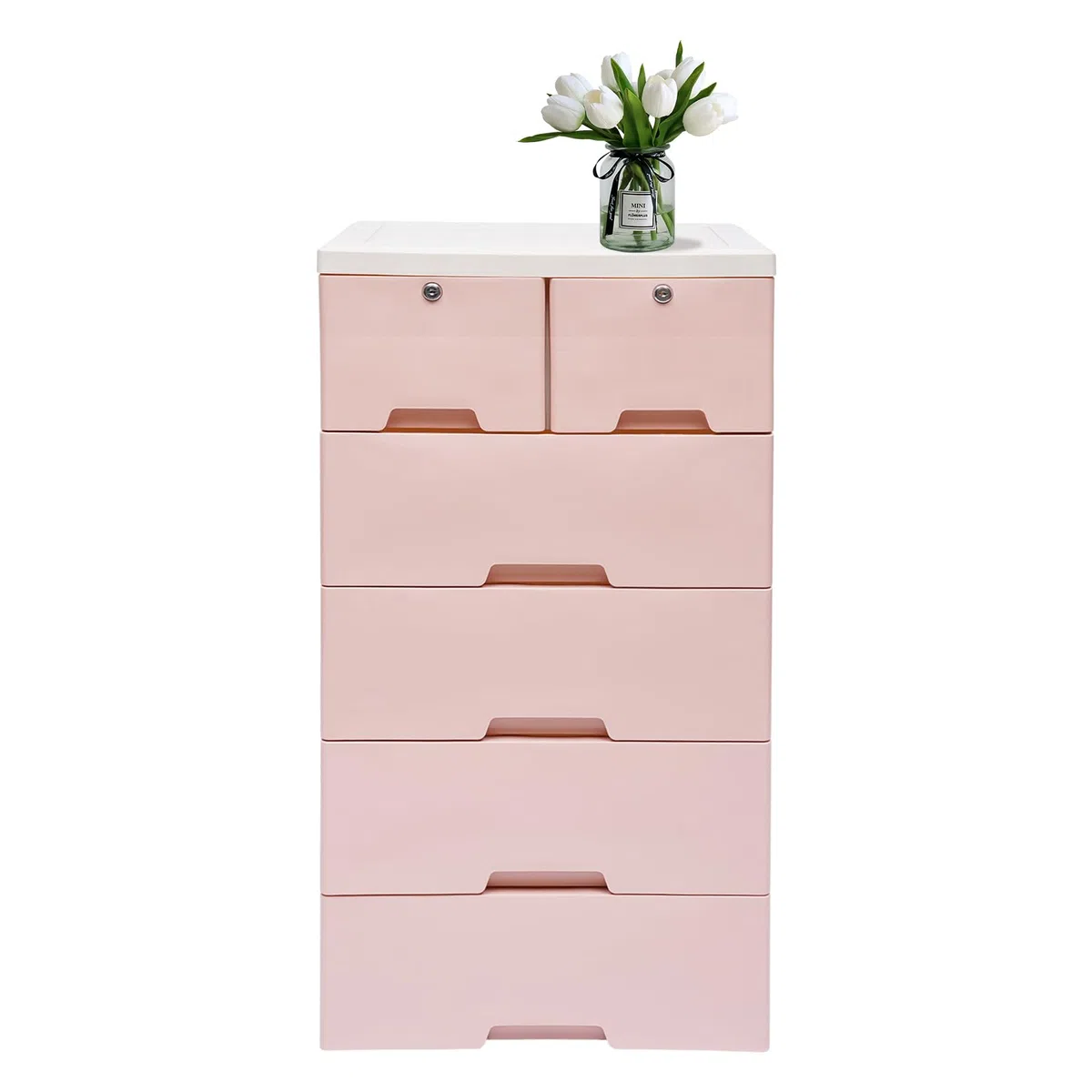 Cassettiera con 6 cassetti, 5 ripiani con serrature e 4 ruote, può essere utilizzata in camera da letto, soggiorno, studio, 50 x 35 x 102 cm, rosa