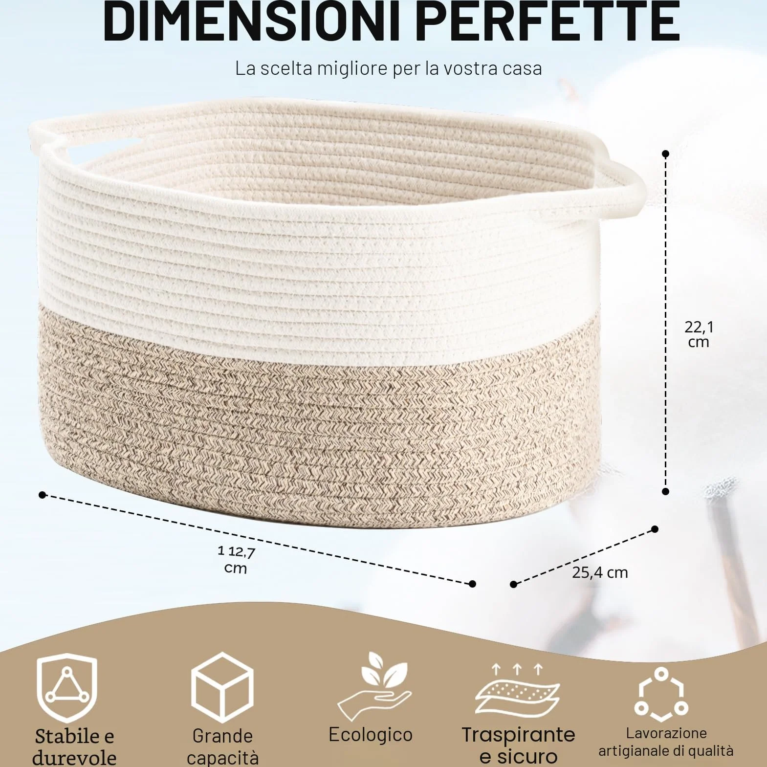 Cesto portaoggetti in corda di cotone per organizzare giocattoli bambini, cesti regalo, portabiancheria (Bianco e Marrone, 3 Pezzi)