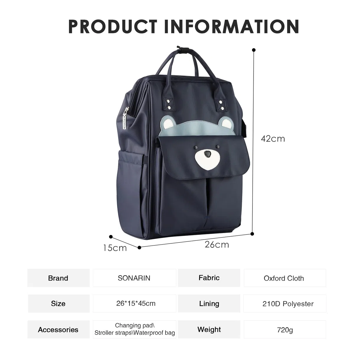 SONARIN Grande Capacità Zaino Fasciatoio Alla Moda,Borsa per Pannolini Multifunzione Impermeabile Zaino Mamma Neonato Borsa Fasciatoio da Viaggio con Fasciatoio & Ganci per Passeggino