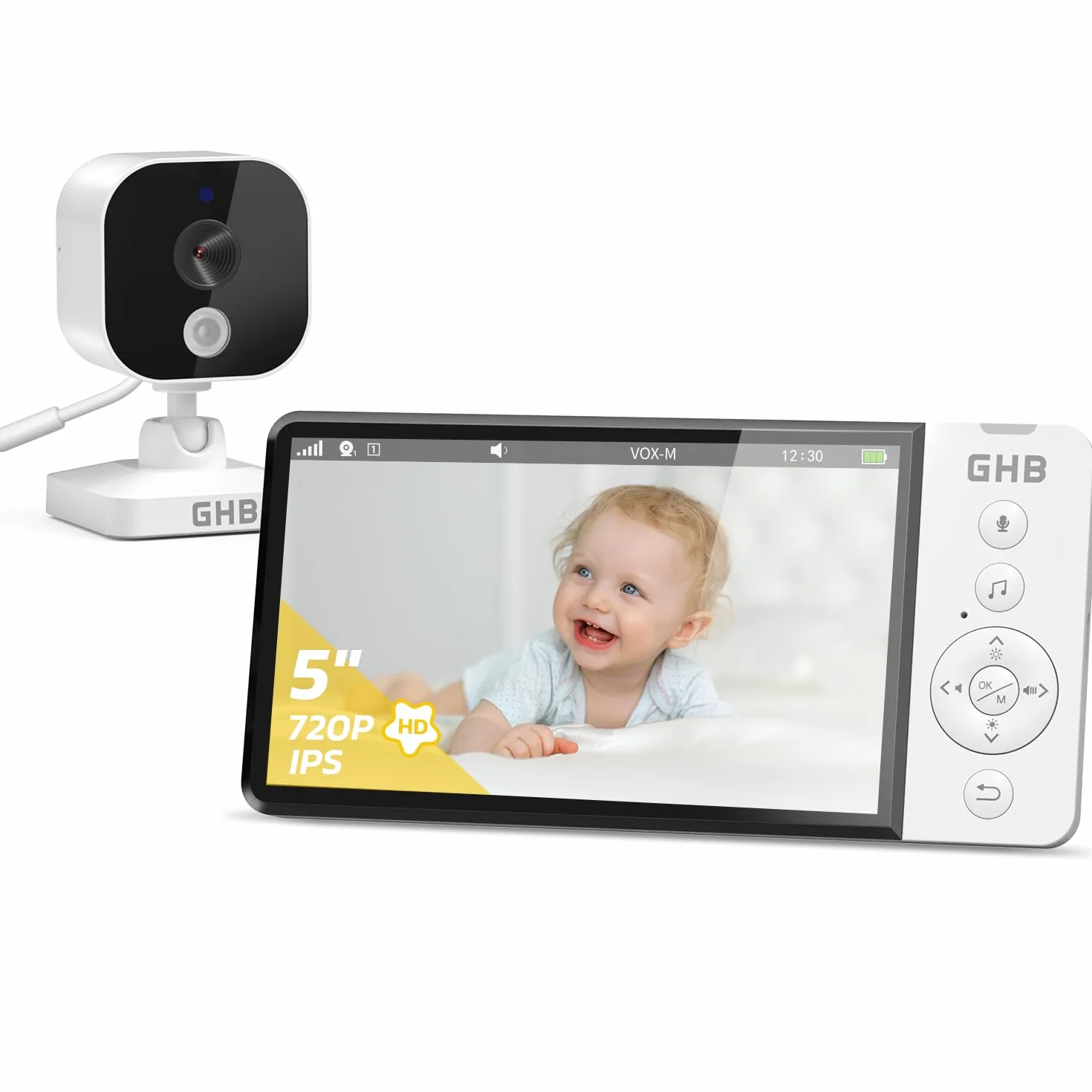 GHB Baby Monitor Video e Audio 5" 720P HD Telecamera Bambini con Schermo IPS 5000mAh VOX Visione Notturna Rilevamento della Temperatura